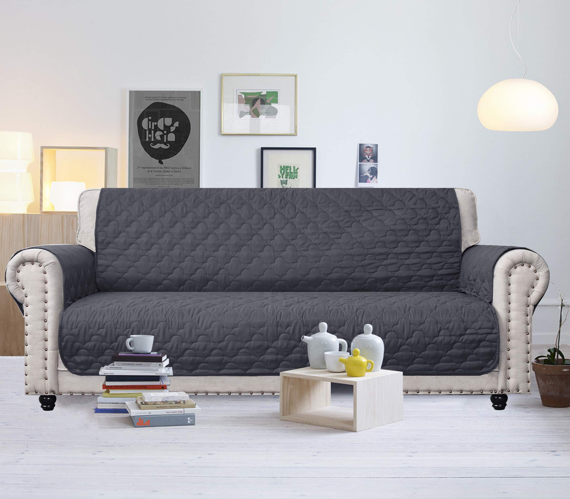 Waterproof Quilted Sofa Cover for Dogs with Side Pockets - Dark Grey Furniture Protector Slipcover (68