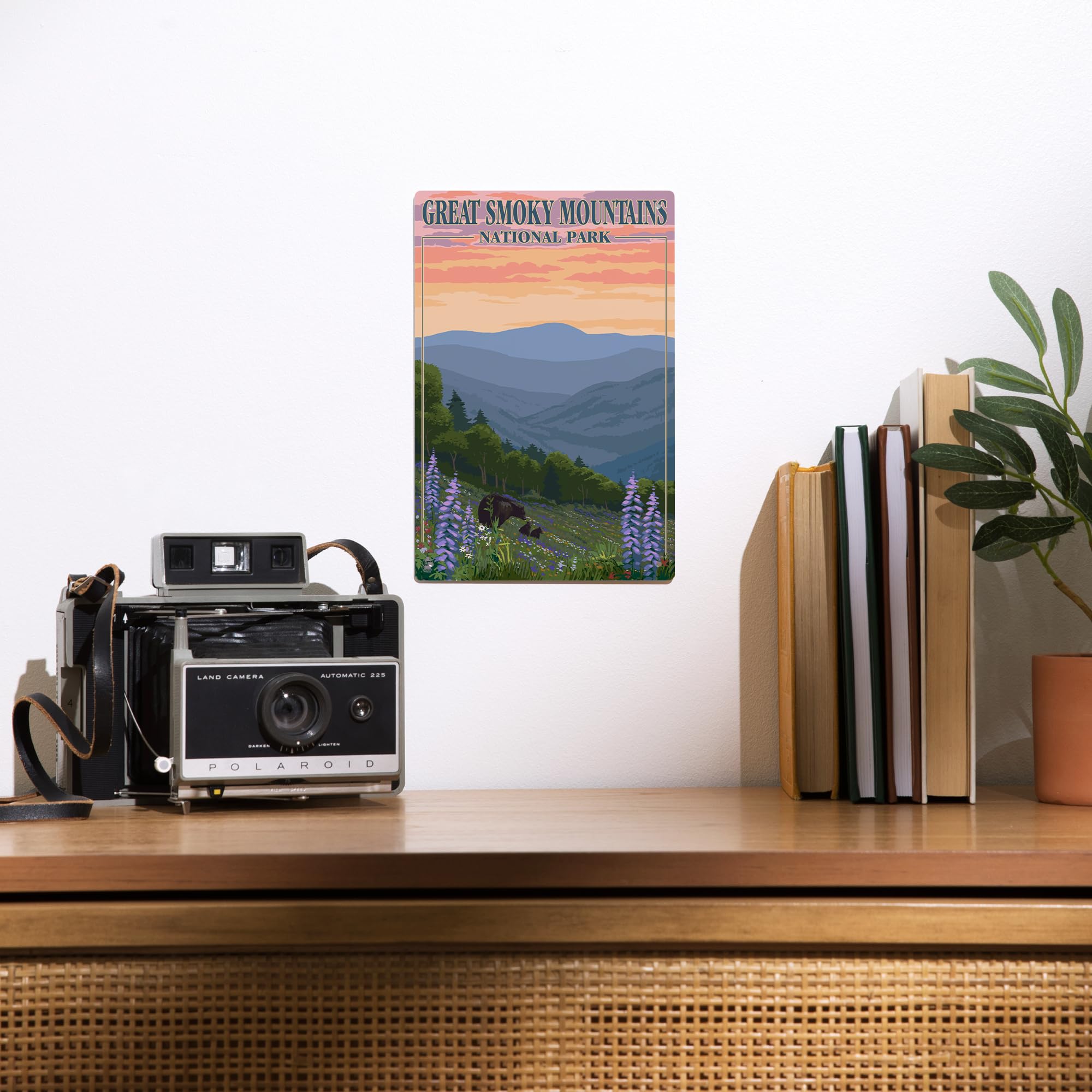 Lantern Press 6x9 Inch Metal Sign - Great Smoky Mountains National Park Tennessee Bear & Spring Flowers - Rustic Wall Decor for Cabin, Home Office, or Outdoor Patio