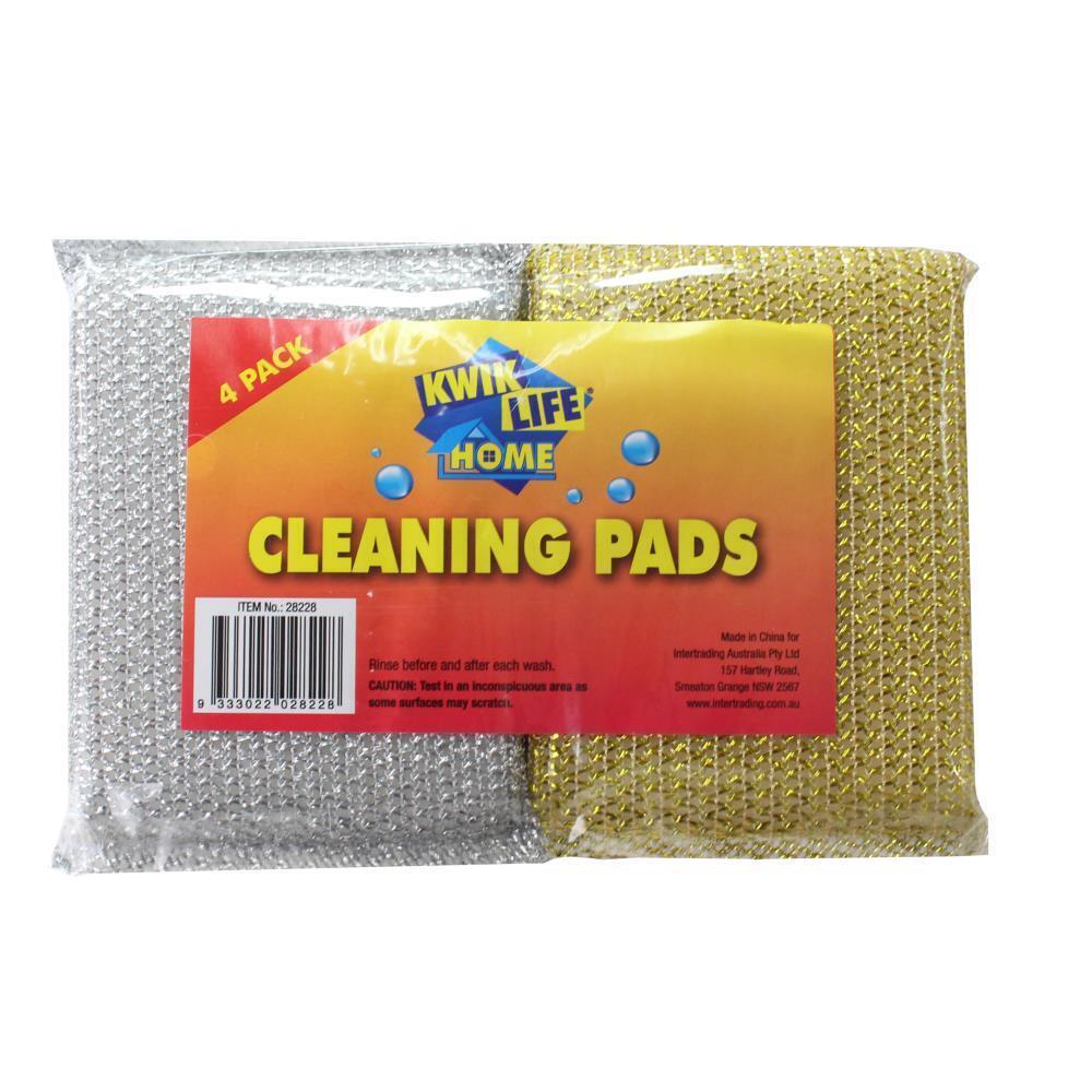 1 Pack of 4 Kwik Life Home Cleaning Pads - Multi-Surface Scrubber Sponge & Scourer for Kitchen, Bathroom, Sink, Dishes - Heavy Duty Cleaning Brush with Ergonomic Handle