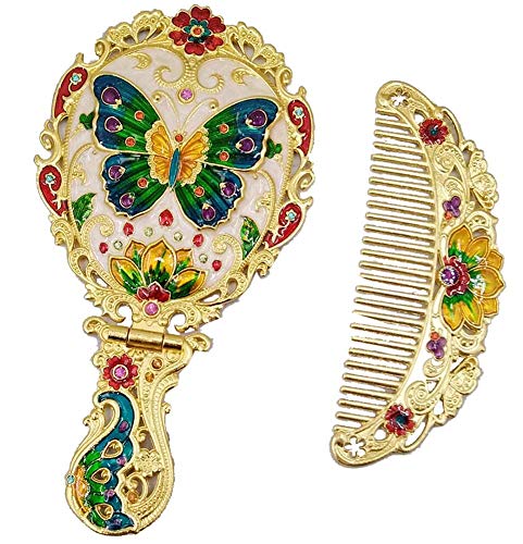 Vintage Small Handheld Mirror with Comb Set - Butterfly Design, Perfect Birthday Gift for Women & Girls | Home Decor, Makeup Vanity, Travel Essential