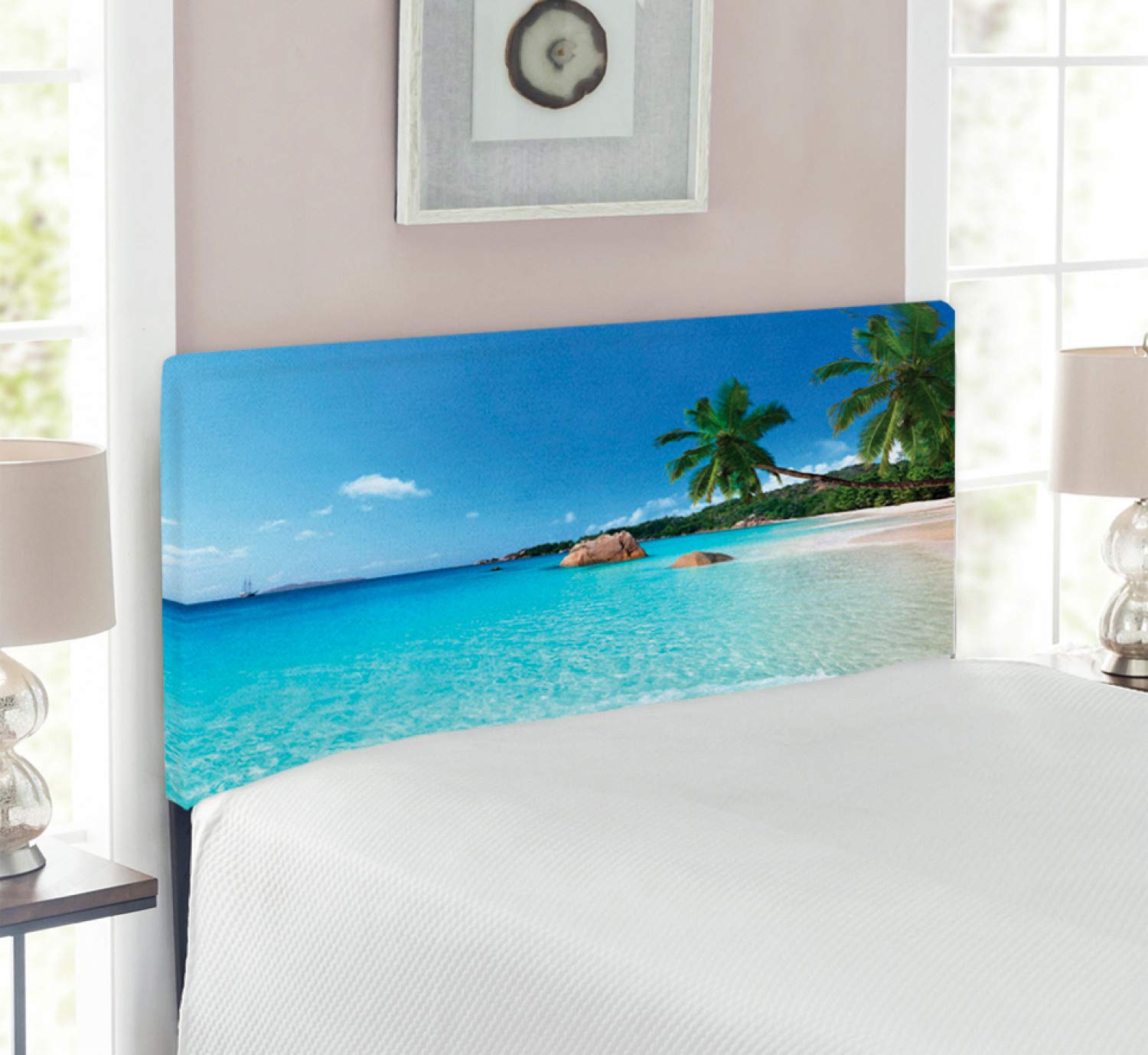 Ambesonne Ocean Headboard - Twin Size Upholstered Decorative Metal Bed Headboard with Memory Foam, Turquoise Blue Green | ANSE Lazio Beach at Praslin Island Surfing Scenic View | Coastal Bedroom Decor for Beach House, Guest Room or Vacation Home