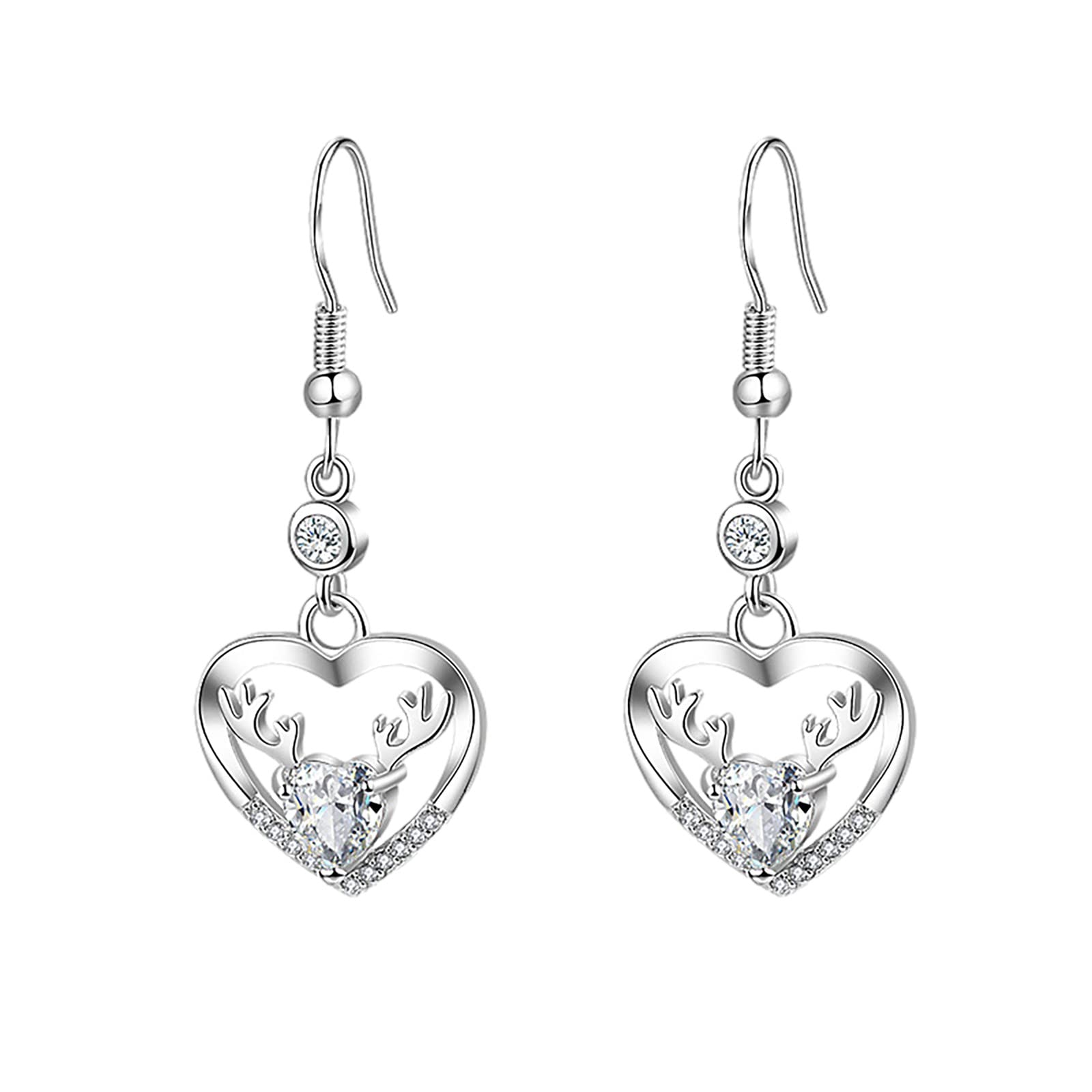 Kiosan Fashion Christmas Diamond Love Earrings for Women - Antler Design Zirconia Hook Earrings (White, One Size) - Perfect for Holiday Parties, Gift Giving & Festive Occasions