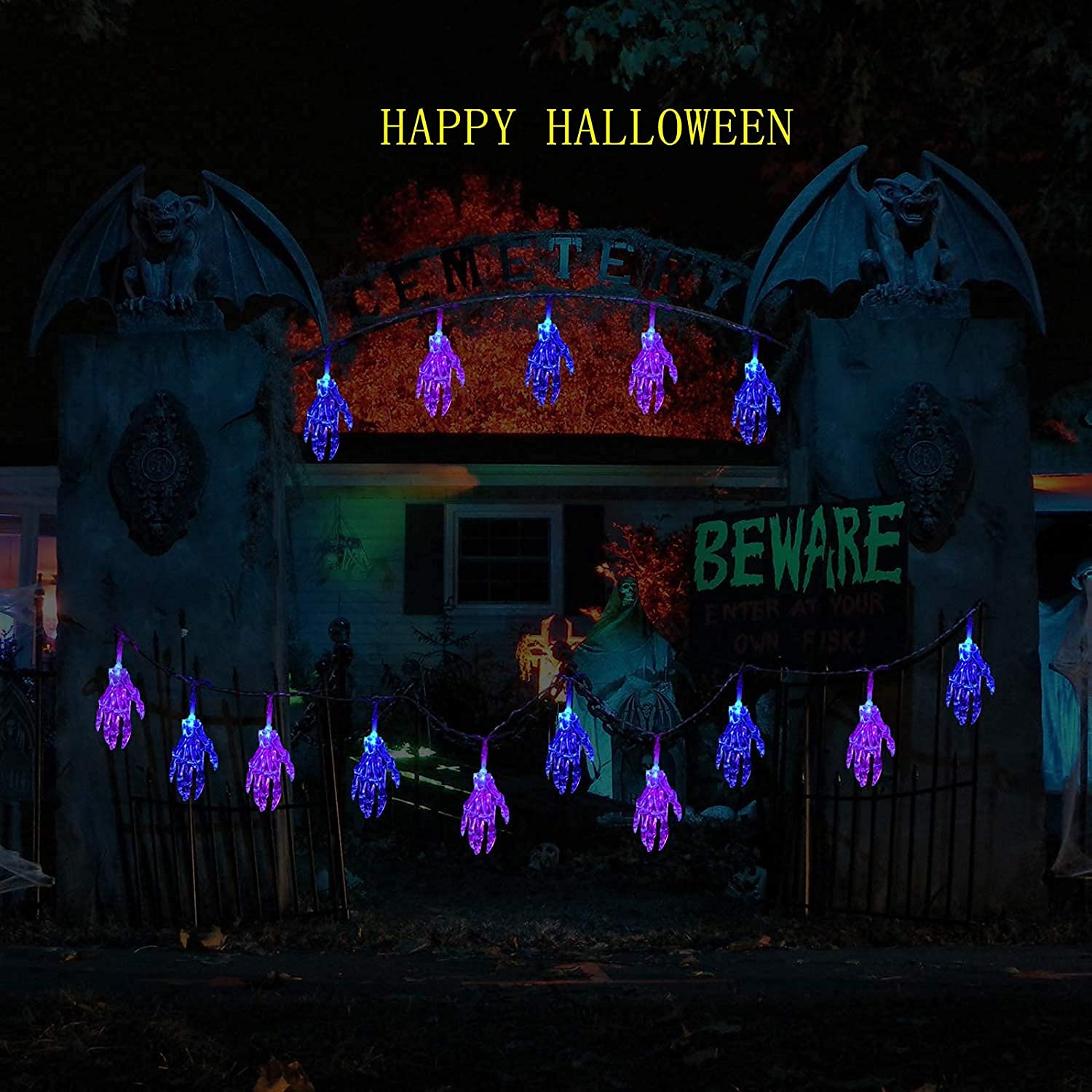 SNOMYRS 21ft 30Pcs LED Skeleton Hand String Lights - Battery Operated Halloween Decor with 8 Lighting Modes, Purple - Perfect for Halloween Party Decorations, Haunted House Props, Spooky Room Lighting & Outdoor Yard Decor