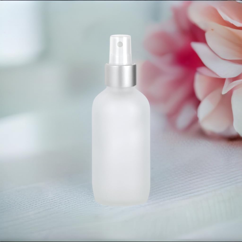 JUVITUS 4 oz Clear Frosted Glass Boston Round Bottle with Silver Fine Mist Spray (6 Pack) + Funnel - Perfect for Essential Oils, Perfumes & DIY Skincare Recipes