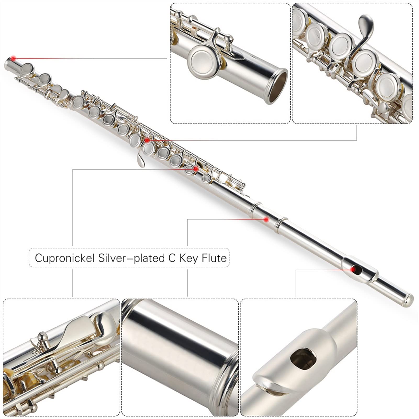KLKL Silver Plated Cupronickel 16-Hole Closed Hole Concert Flute with Carrying Case - Beginner & Student Wind Instrument for School Band, Music Class & Performance Practice