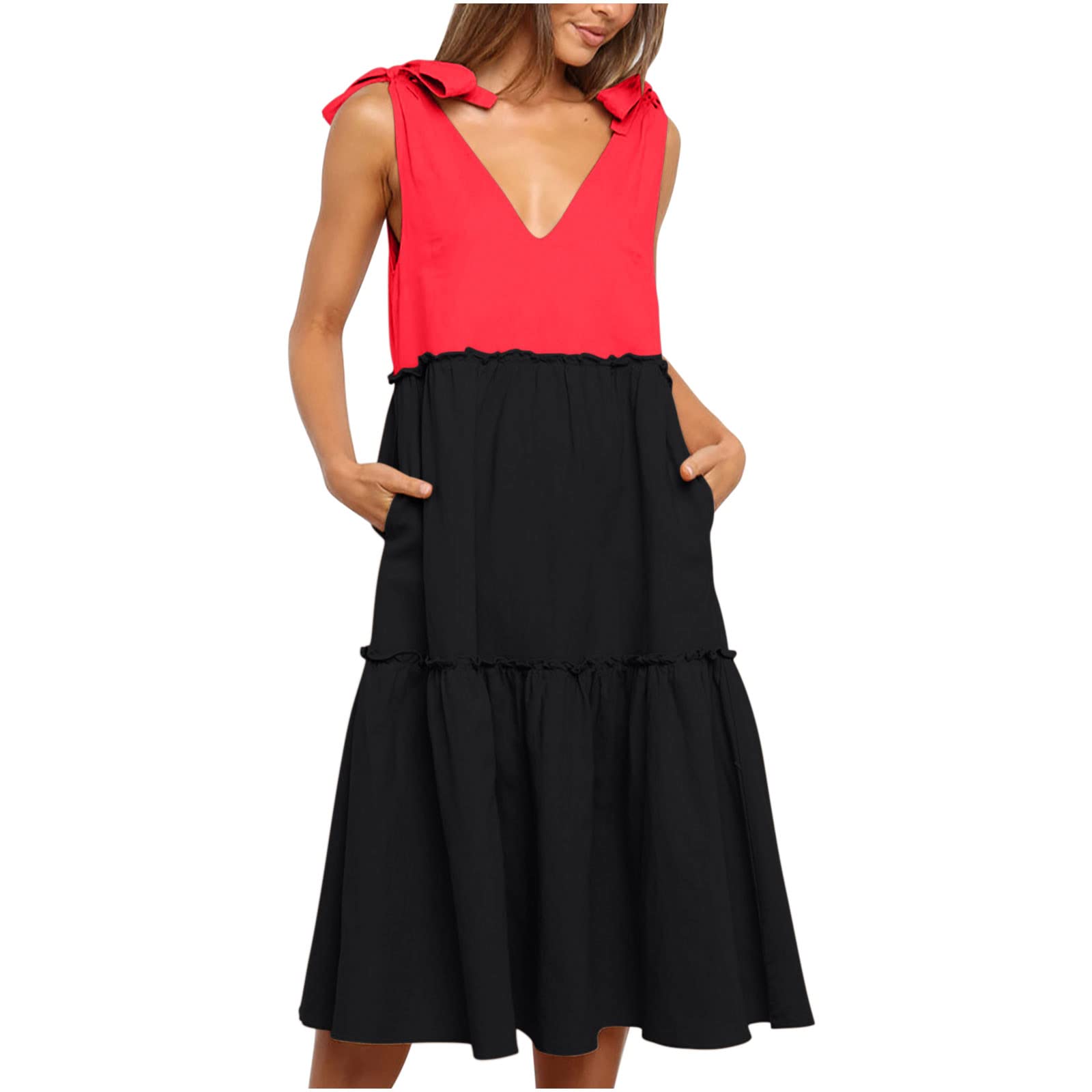 Women's Summer Sun Dresses - Patchwork & Solid Color Sleeveless V-Neck A-Line Midi Dress with Adjustable Straps | Perfect for Beach Vacations, Garden Parties & Casual Outings
