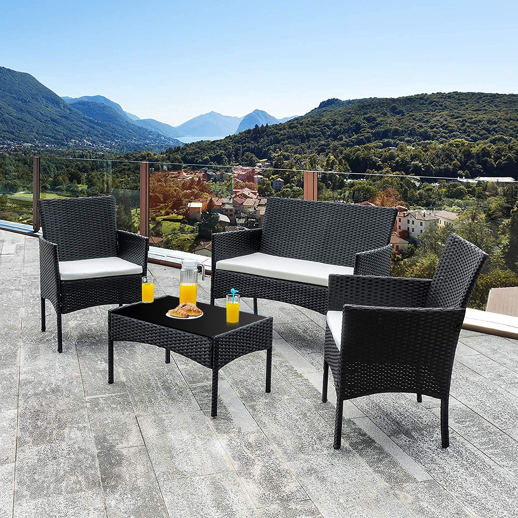 Walsunny 4-Piece Outdoor Patio Furniture Set - All-Weather Rattan Chairs & Wicker Sofa for Backyard, Porch, Garden, Poolside & Balcony - Indoor/Outdoor Use (Black) - Perfect for Relaxing, Entertaining & Lounging