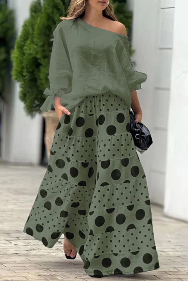 Stylish Tie Cuff Loose Top & Polka Dot Print Pocket Wide Leg Pants Set - Women's Casual Outfit for Work, Date Night & Summer Fashion