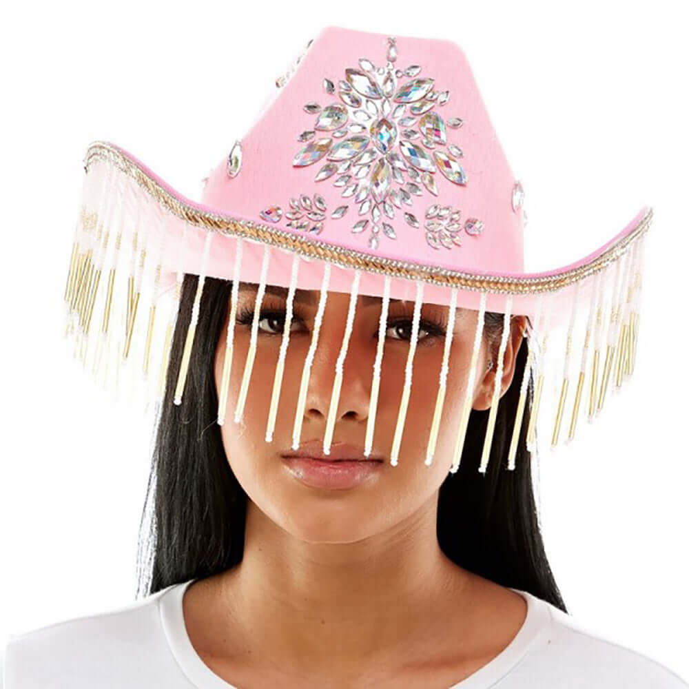 Sparkling Pink Rhinestone Embellished Cowboy Hat with Pointed Band & Fringe Detail - Western Style Fashion Accessory for Rodeo, Country Music Festivals & Costume Parties