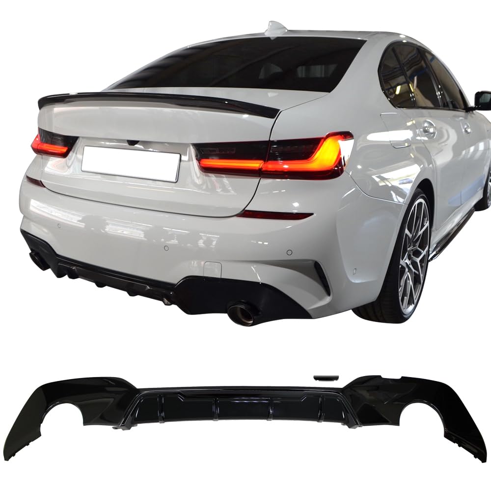 IKON MOTORSPORTS Rear Diffuser for 2019-2022 BMW G20 3 Series - Gloss Black Rear Bumper Lip Spoiler with 4 Blade Round Exhaust Tip | Performance Upgrade & Stylish Enhancement for BMW 3 Series Sedan