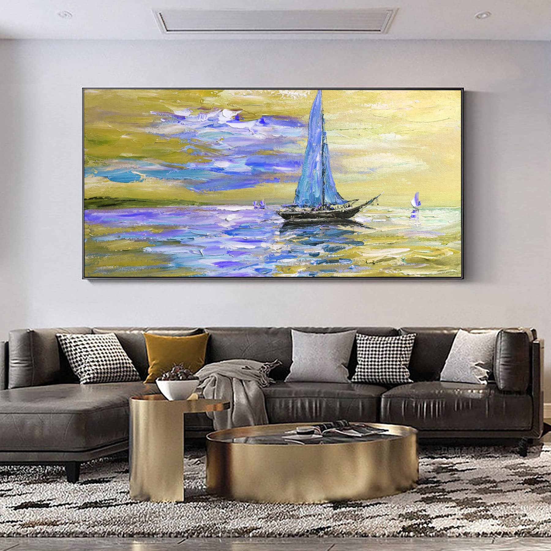 Hand-Painted Beach Oil Painting - 64x32 Inch Abstract Ocean Wall Art for Living Room Decor | Gold Coastal Artwork | Unframed Canvas | Perfect Christmas Gift for Men | Home & Office Wall Decor
