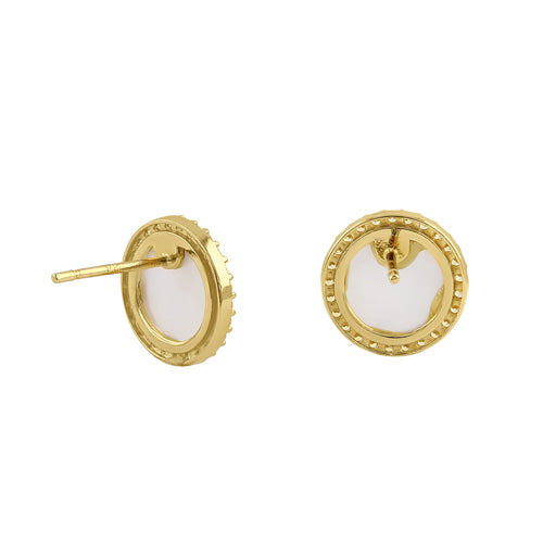 14K Yellow Gold Round Mother of Pearl and Cubic Zirconia Stud Earrings for Women - Elegant Pearl Jewelry Gift for Wedding, Anniversary & Special Occasions