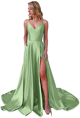 BOLENSYE Women's Elegant Spaghetti Strap Prom Dress with Thigh High Slit & Pockets - Sexy Evening Gown for Homecoming, Cocktail Party, Formal Events