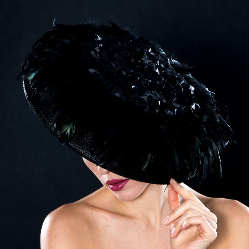 BW6402 Women's Elegant Black Feathered Dress Hat for Weddings, Parties & Special Occasions - Fashionable Wide Brim Hat with Feather Accents