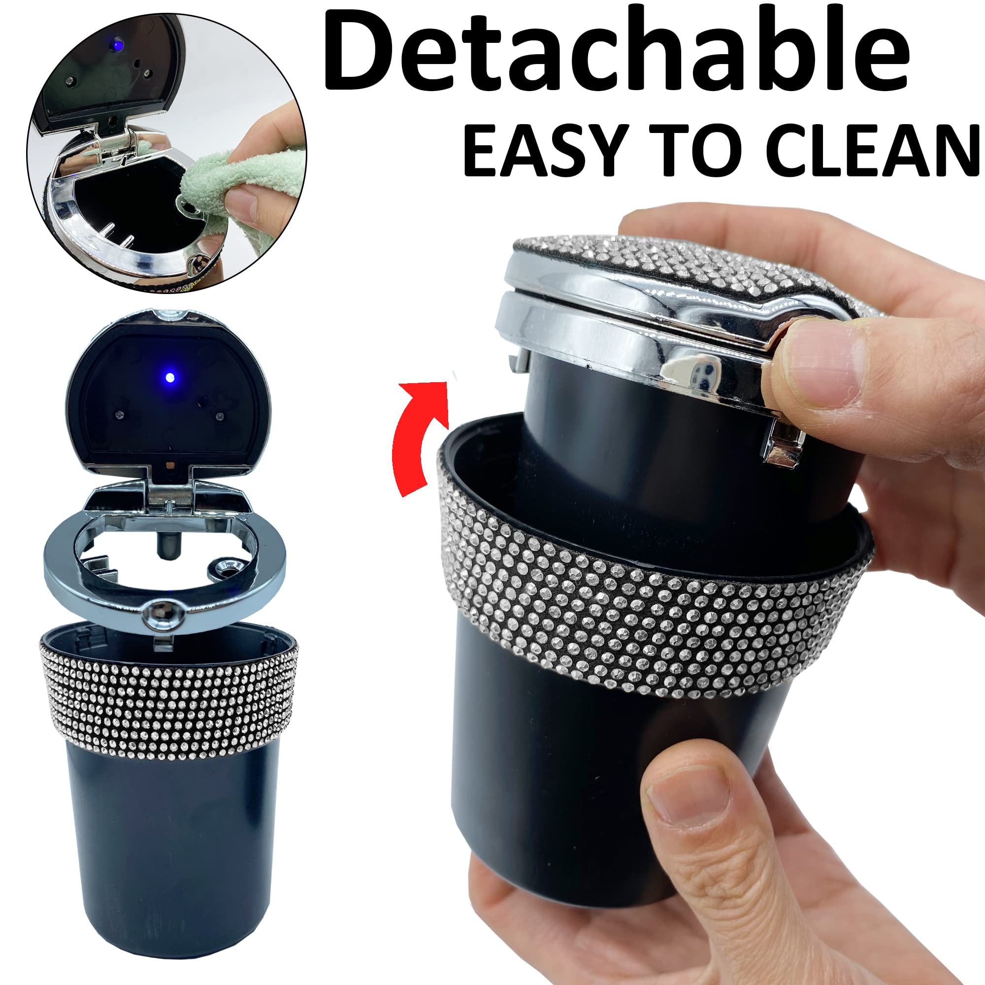 **Portable Smell-Proof Crystal Diamond Car Ashtray with Lid & Light – Bling Pink Auto Accessories for Women – Ideal for Car, Home, and Office (Silver)**    *(Perfect for Travel, Road Trips, and Smoke-Free Spaces – Stylish & Functional Gift for Car Lovers!)*