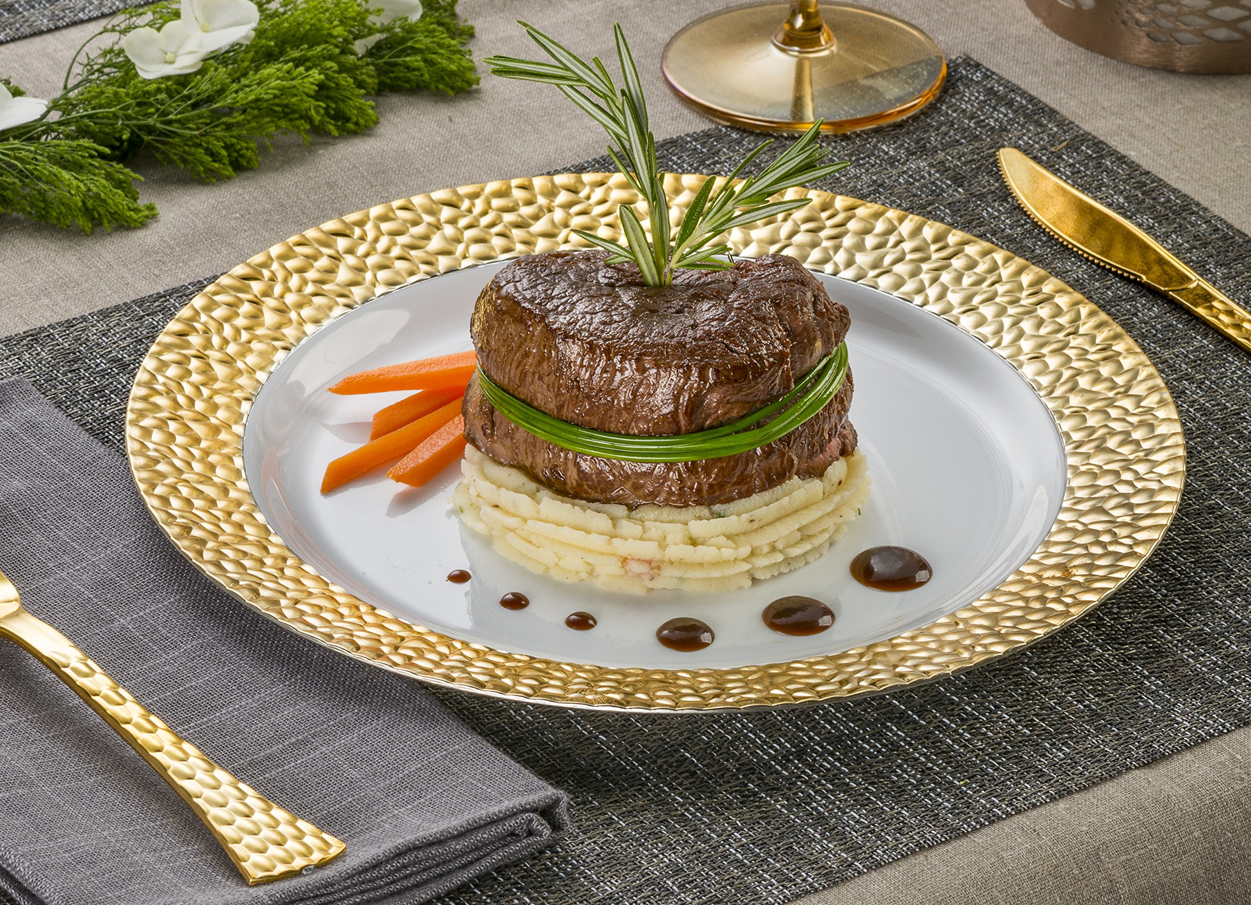 Laura Stein Designer 32-Piece Premium Plastic Dinnerware Set - White & Gold Rim Wedding/Party Plates (16 Dinner Plates 10.75