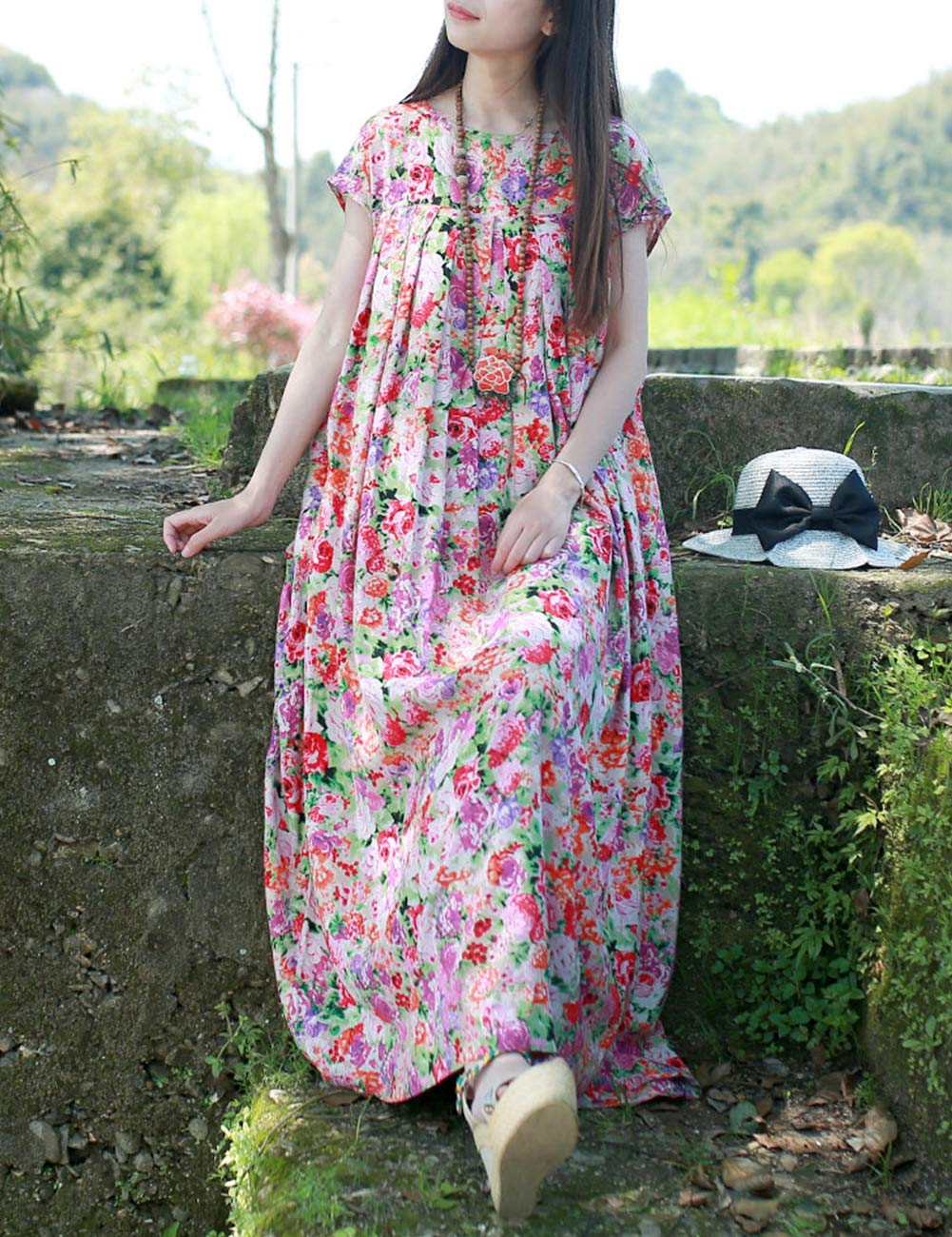 Women's Floral Sundress - Short Sleeve Summer Maxi Dress for Pregnant & Plus Size, Boho Beach Dress with Irregular Hem - Perfect for Vacation, Maternity Photos & Outdoor Weddings