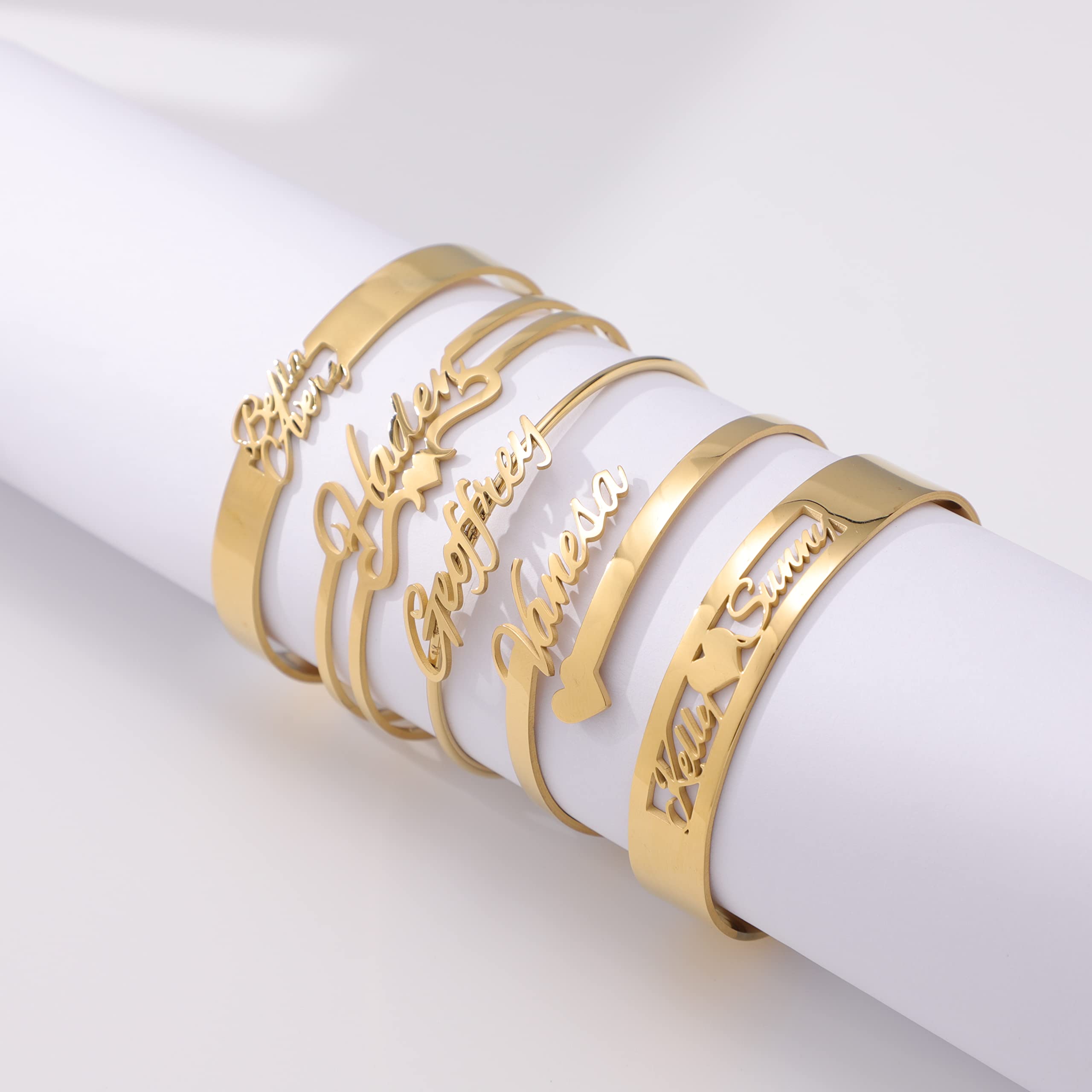 **Personalized Name Bracelets for Women - 18K Gold Custom Engraved Name Cuff Bangle Jewelry Gift for Mom, Daughter, Wife - Perfect for Birthdays, Anniversaries & Special Occasions**