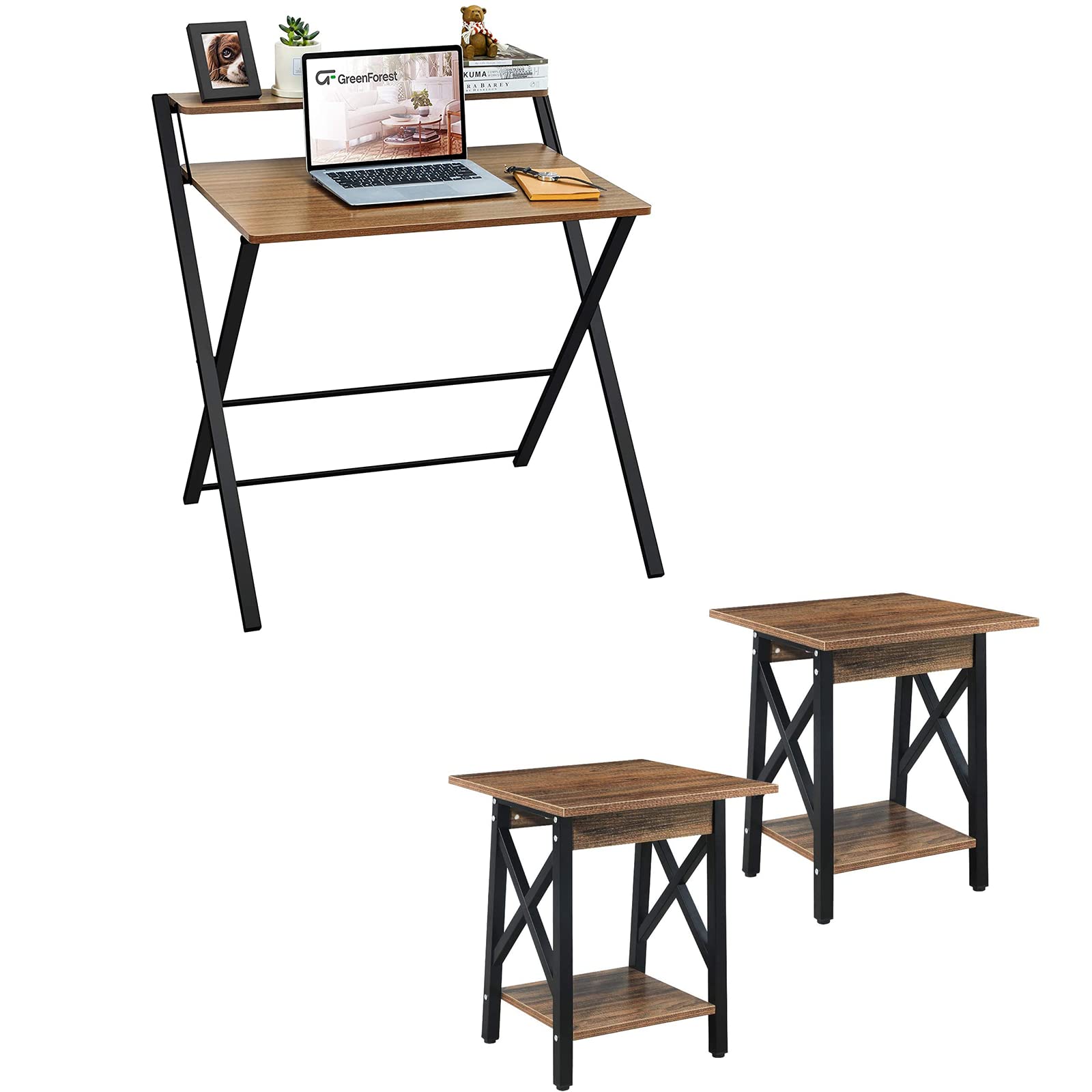 GreenForest Folding Desk No Assembly Required - Compact 2-Tier Shelf Computer Desk with End Table (Set of 2) | Space-Saving Foldable Table for Small Spaces | Perfect for Home Office, Dorm Room & Apartment Living