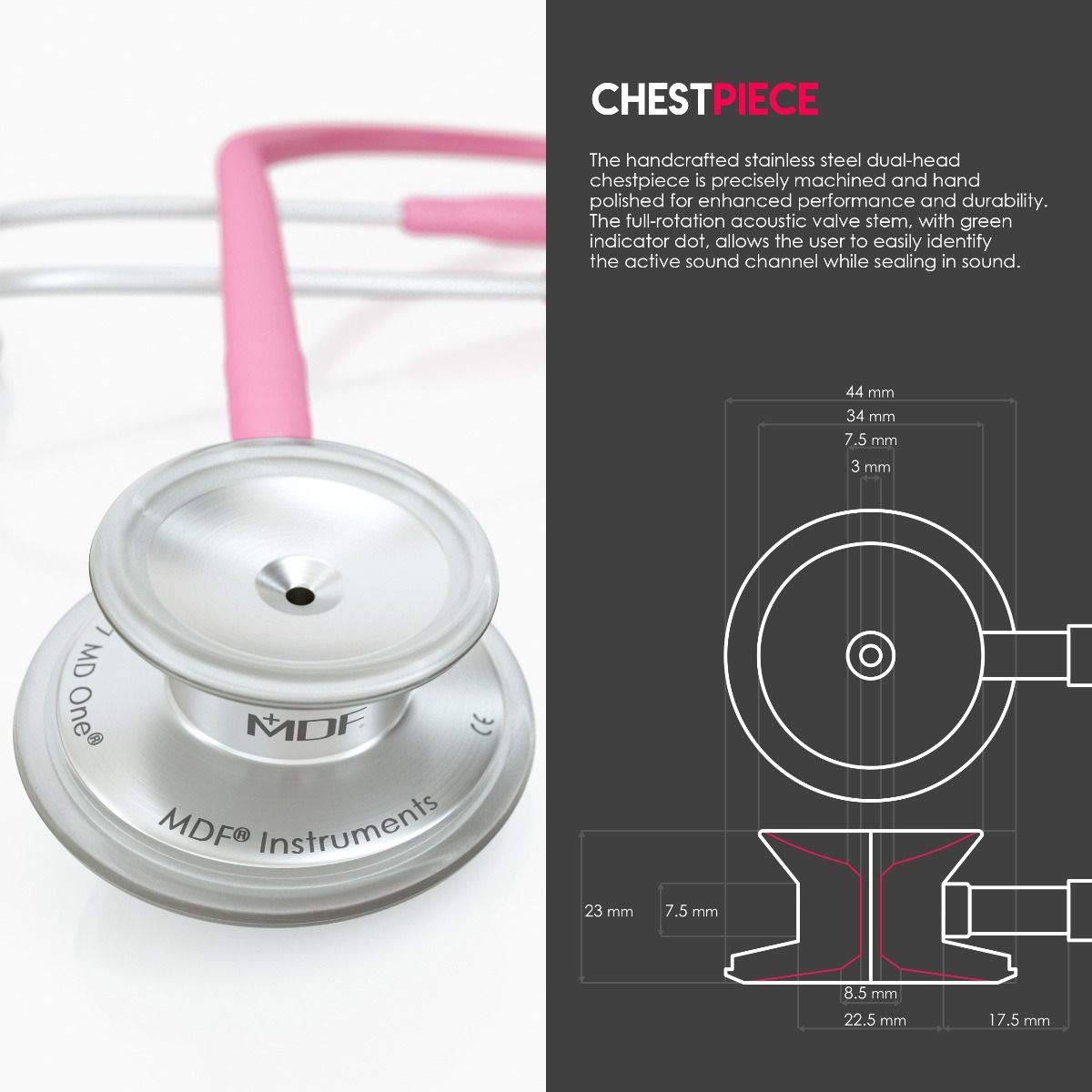 MDF MD One Stainless Steel Stethoscope for Adults - Pink Tube & Silver Chestpiece Headset (MDF77701) | Medical, Nursing, Home Healthcare Equipment