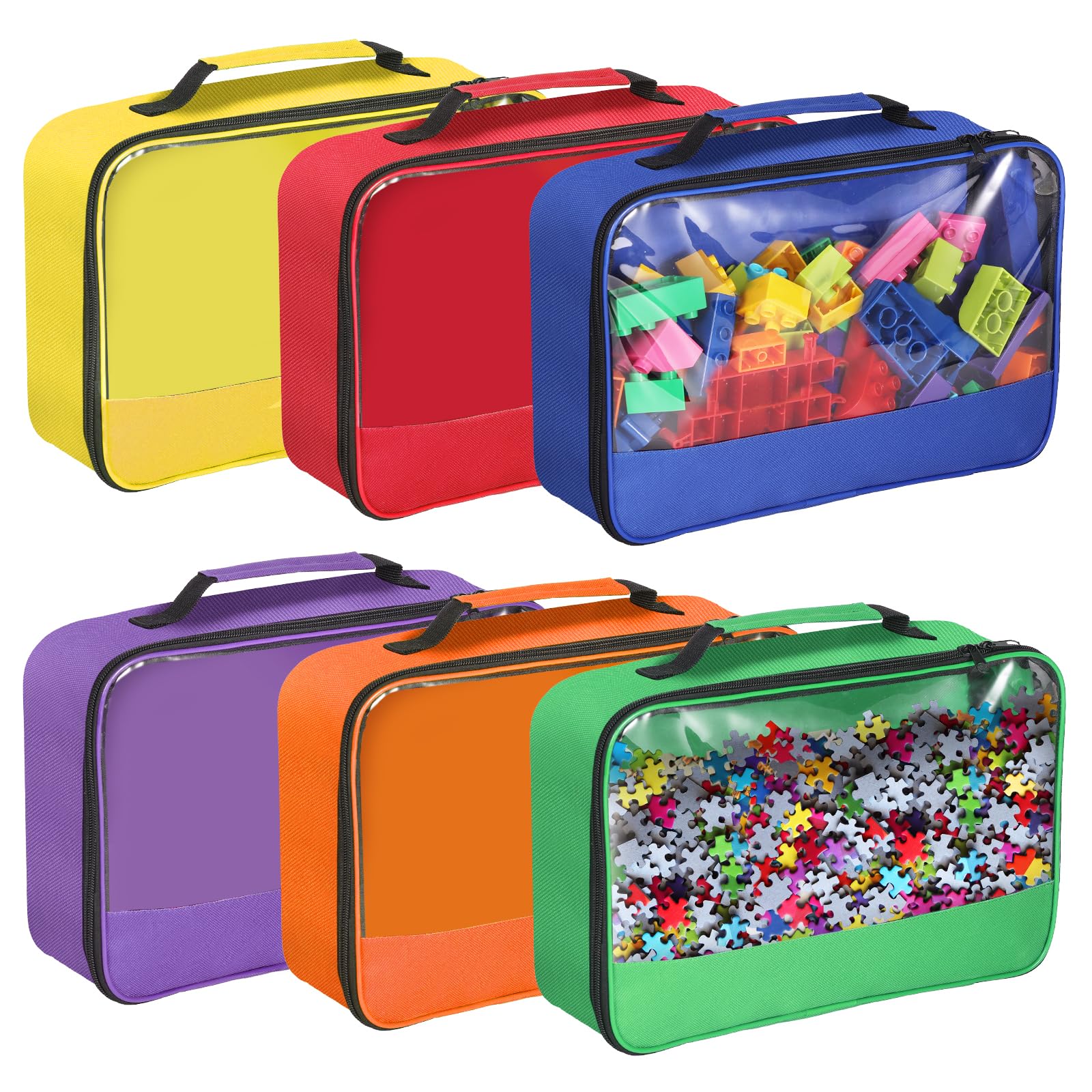6 Pack Reusable Toy Storage Bags with Zipper & Portable Handle - Organizer for Building Blocks, LEGO Bricks, Puzzles, Books & Board Games - Perfect for Kids Room, Travel & Playroom Organization