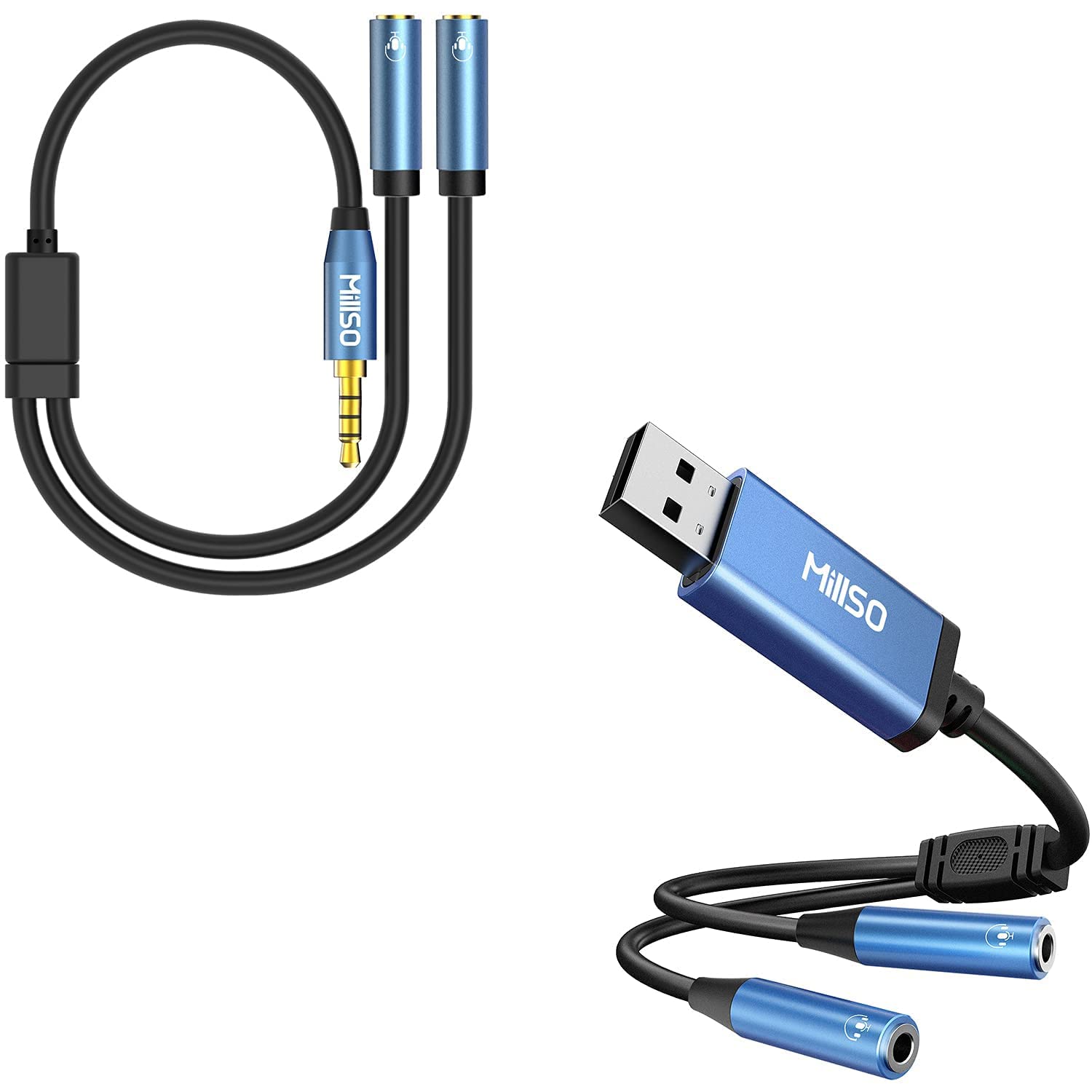 MillSO 3.5mm Headset Splitter Adapter - USB to Dual TRRS Audio Jack for 2 Headphones or Microphones, External Stereo Sound Card (Sapphire Blue) - Perfect for Gaming, Online Meetings & Music Sharing