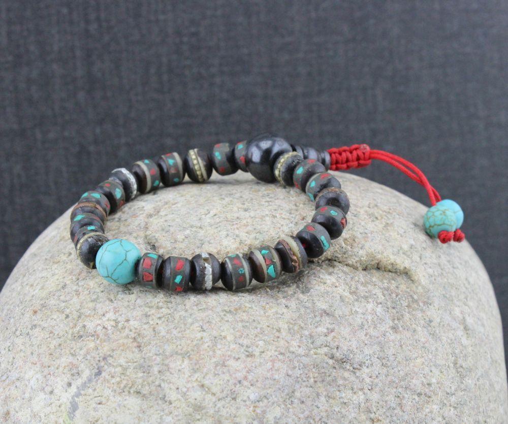 Adjustable Inlay Bone Mala Bracelet for Small Wrists - Handmade Buddhist Prayer Beads for Meditation, Yoga & Spiritual Healing