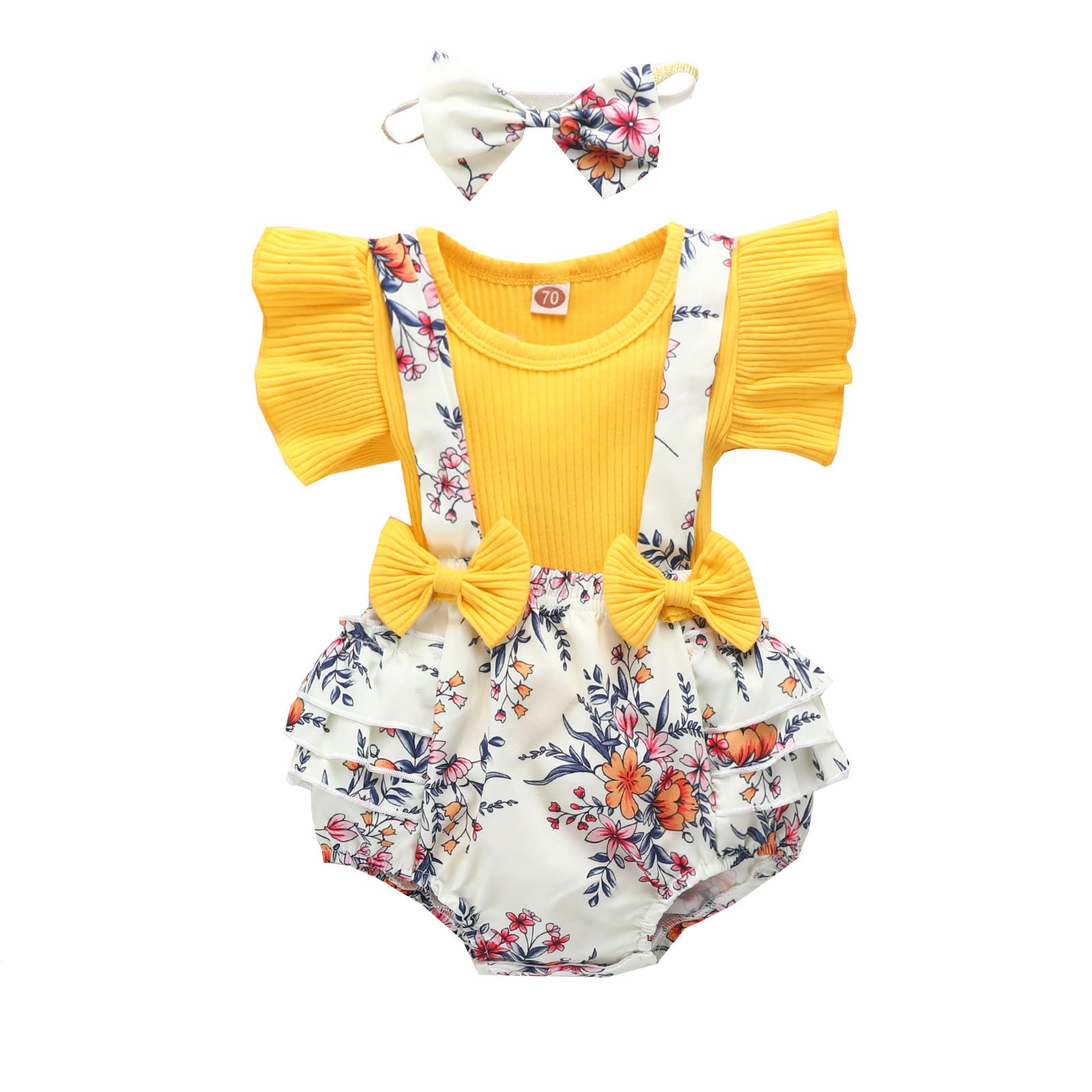 Newborn Baby Girl Outfit Set - Floral Romper with Suspenders, Ruffle Sleeve T-Shirt & Headband | Cute Infant Jumpsuit for Photo Shoots, Parties & Daily Wear