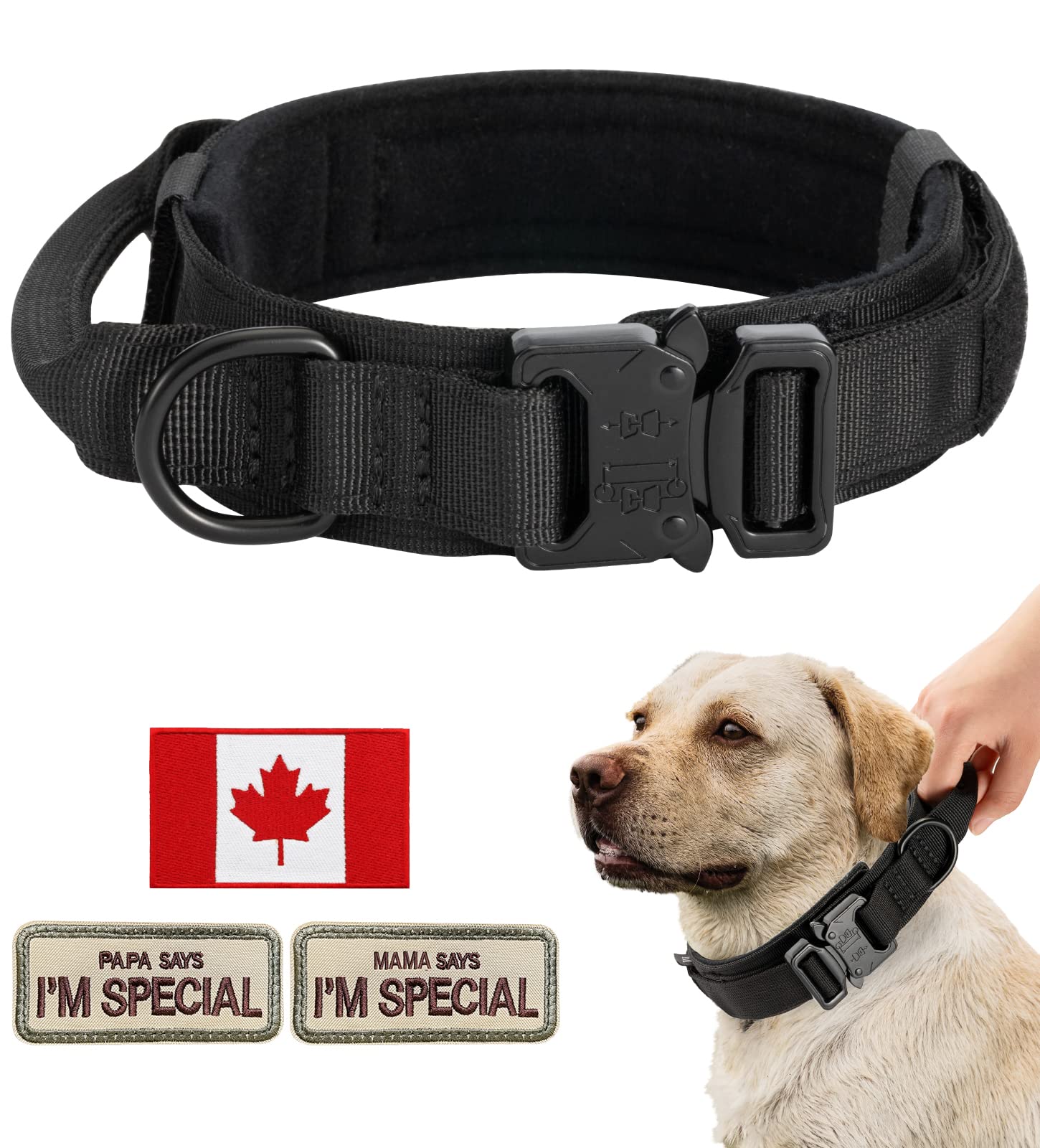 Heavy Duty Tactical Dog Collar for Large & Medium Dogs - Military Grade Nylon with Canada Flag & 2 Patches (18