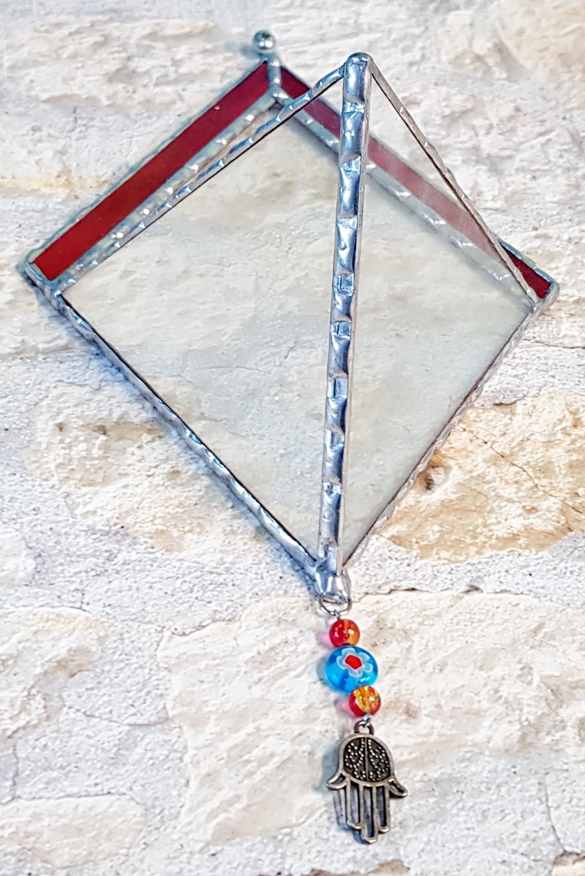 Transparent Diamond-Shaped Stained Glass Terrarium with Red Frame - Indoor Planter for Succulents, Air Plants & Home Decor | Perfect for Gardening, Office Desk & Unique Gift Ideas