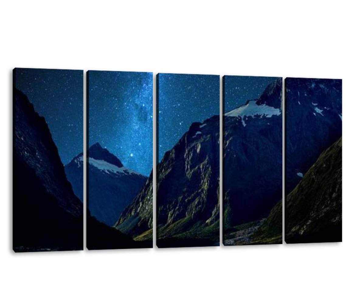 KiiAmy 5-Panel Wall Art - Stunning Star Over Mountain at Milford Sound New Zealand Landscape Canvas Print - Modern Framed Painting for Office, Bedroom & Home Decor (60''Wx32''H) - Perfect for Living Room Accent Wall or Gift Idea