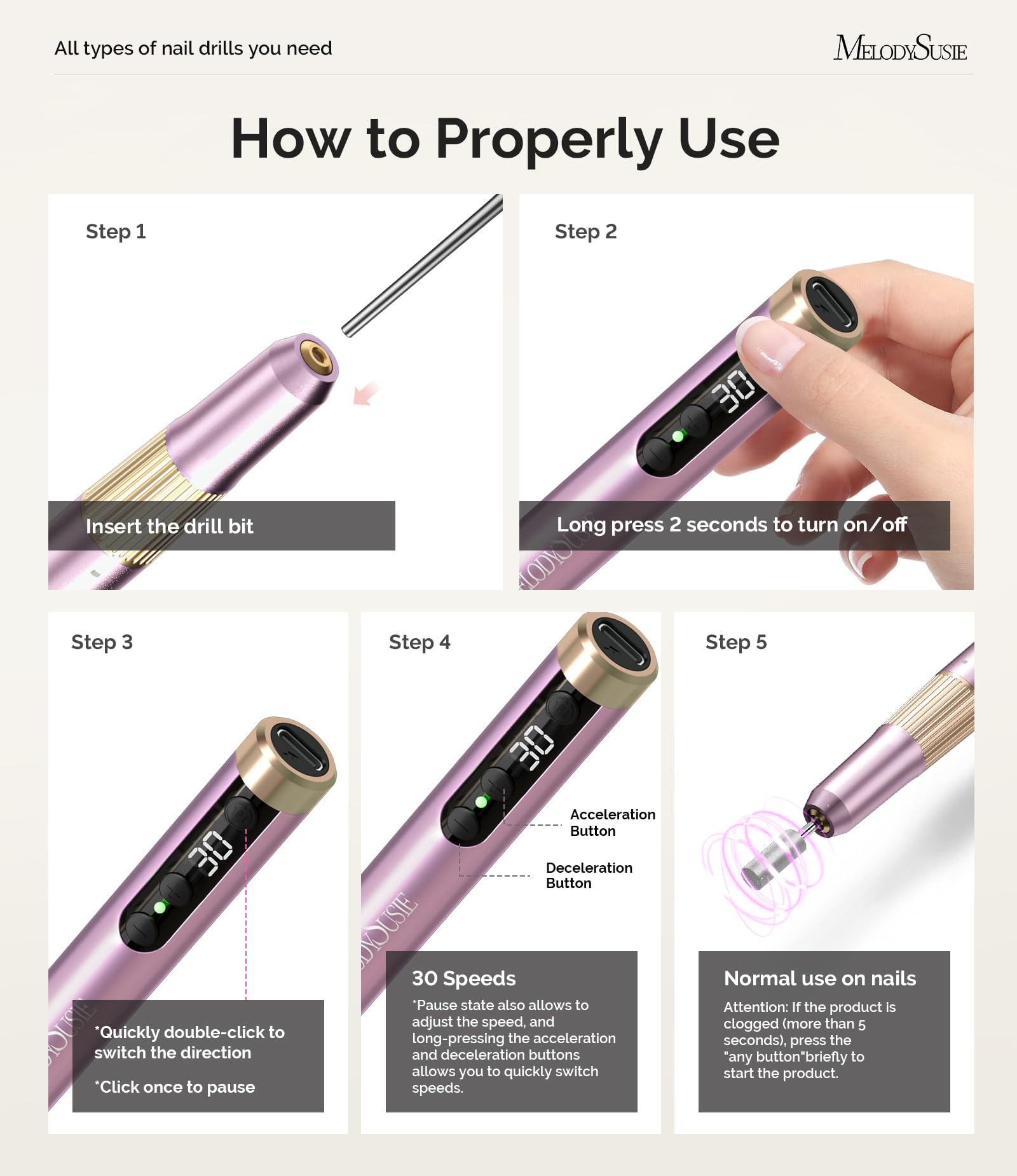 MelodySusie PM180G Cordless Electric Nail Drill - 30000RPM Professional Manicure & Pedicure Kit with Drill Bits & Ultra Fine Sanding Bands | Portable Nail File for Women | Perfect for Home Salon, Nail Art & DIY Nail Care (Pink)