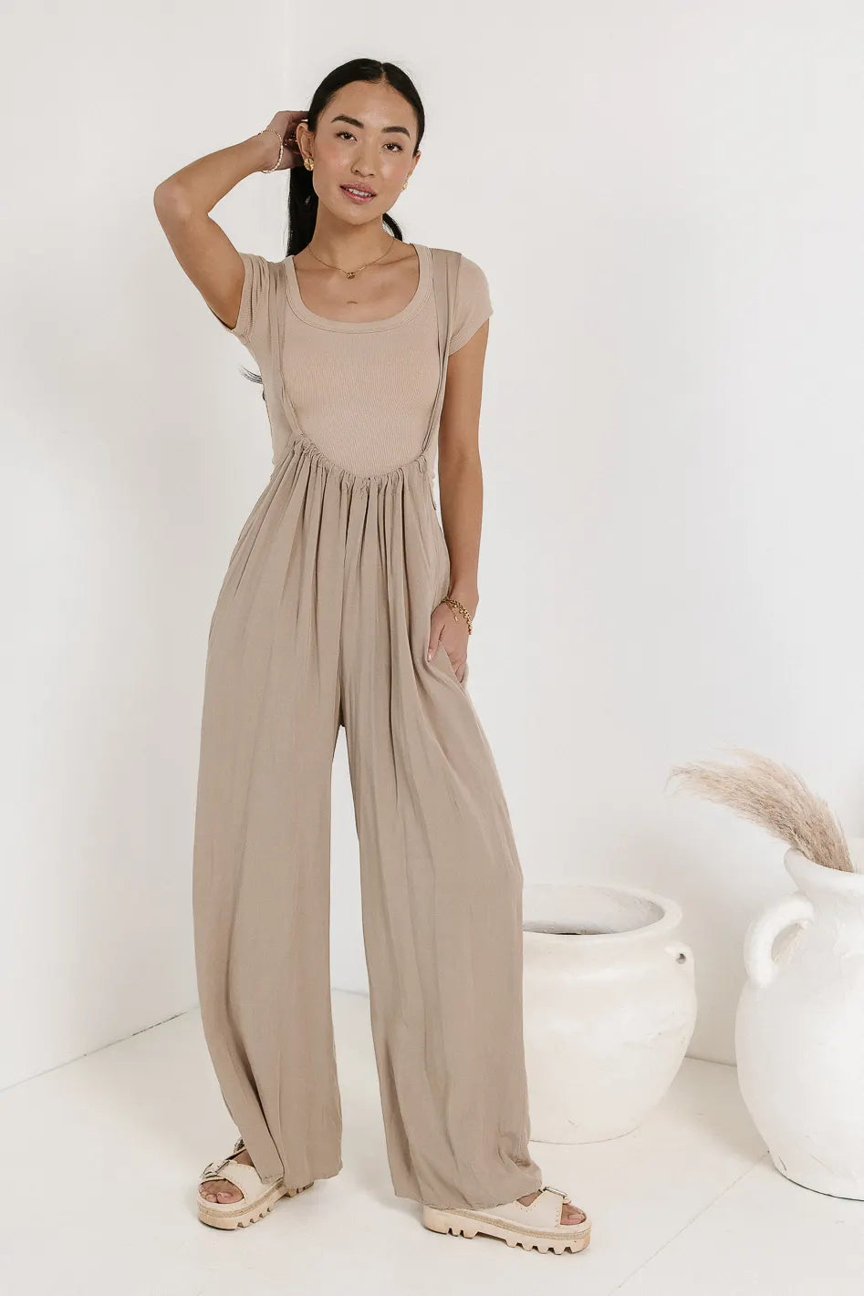 Freya Ribbed Knit Top in Tan - Women's Casual Stretch Slim Fit Shirt for Everyday Wear & Layering