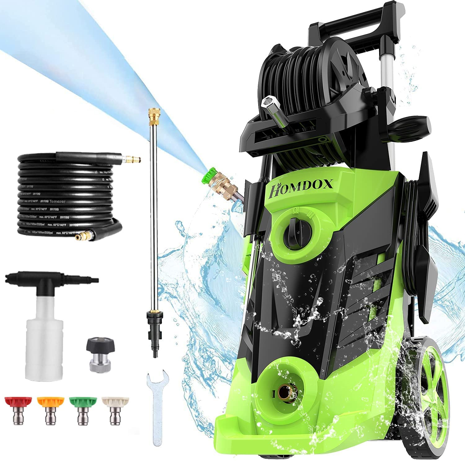 Homdox HX3000 1800W Electric Pressure Washer - 1.7 GPM Portable Power Washer with Hose Reel & Detergent Bottle, 4 Nozzles for Outdoor Cleaning - Car Washing, Garden Care, Patio & Driveway Cleaning (Green)