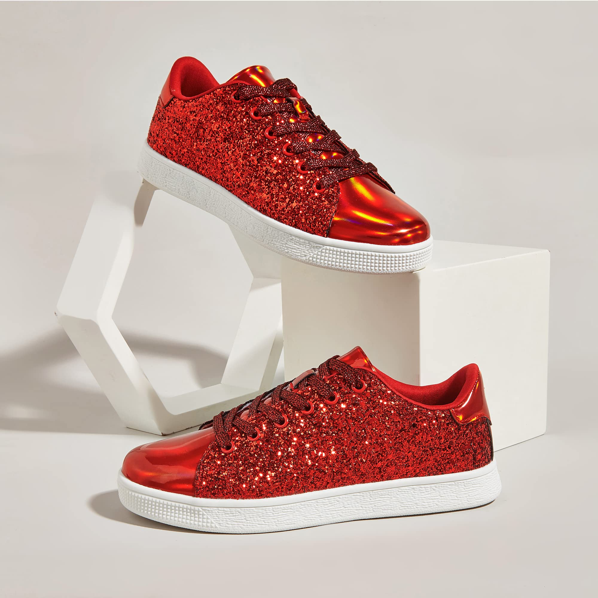 LUCKY STEP Women's Glitter Sneakers - Fashion Lace Up Sparkly Shoes for Casual Wear, Parties & Everyday Outfits | Trendy Comfortable Walking Shoes