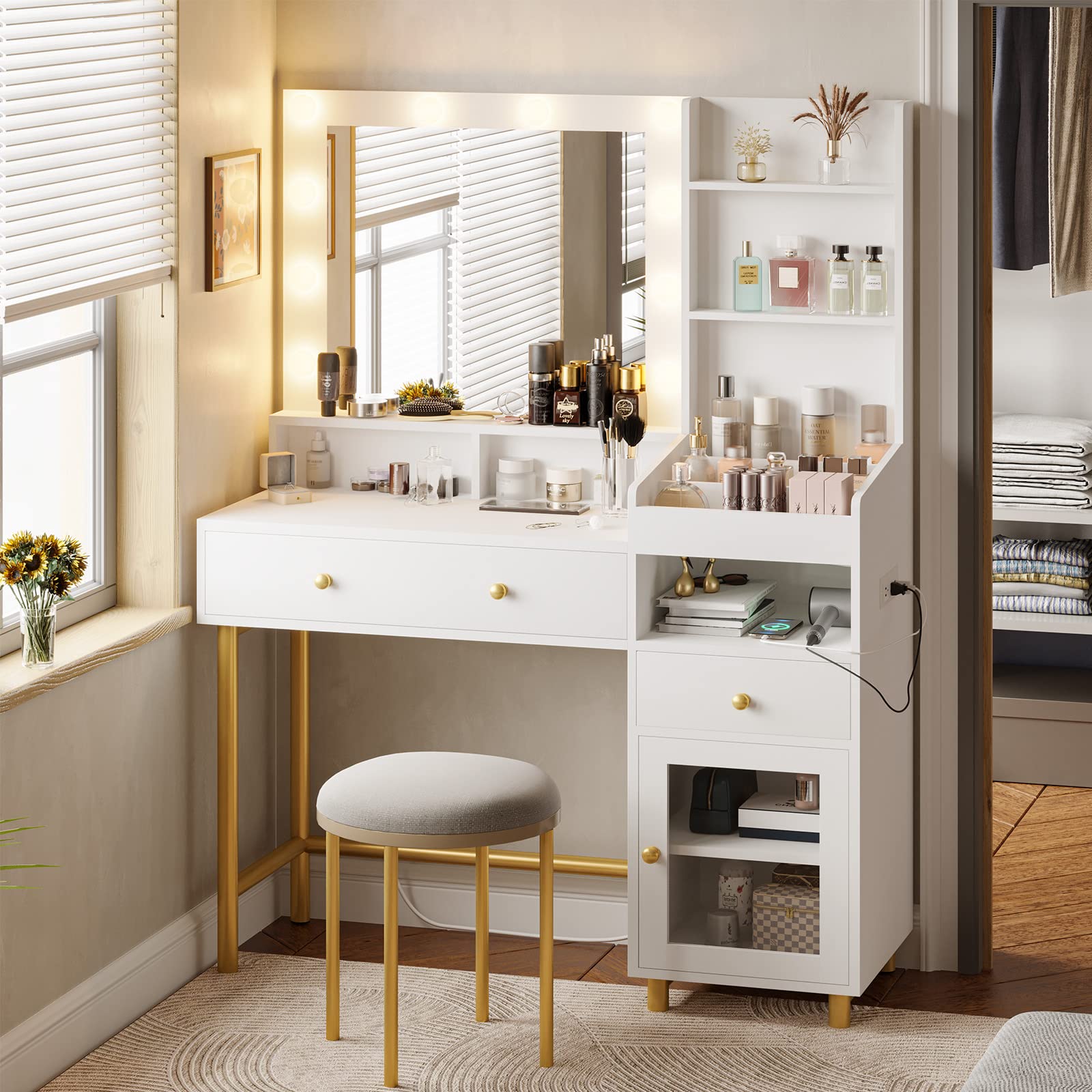 VIAGDO White Vanity Desk with Mirror and LED Lights - Makeup Dressing Table with USB Charging Station, 3 Storage Compartments & Drawers - Bedroom Vanity Desk for Women with Open Shelves - Perfect for Makeup Organization, Skincare Routine and Small Space Bedrooms