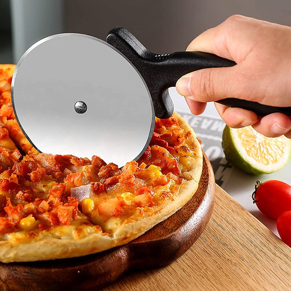 Premium Stainless Steel Pizza Cutter Wheel - Super Sharp Blade with Ergonomic Non-Slip Handle - Dishwasher Safe & Easy to Clean - Perfect for Cutting Pies, Dough, Cookies - 3-Piece Set (Black) - Ideal for Home Kitchens, Pizza Parties & Baking Enthusiasts
