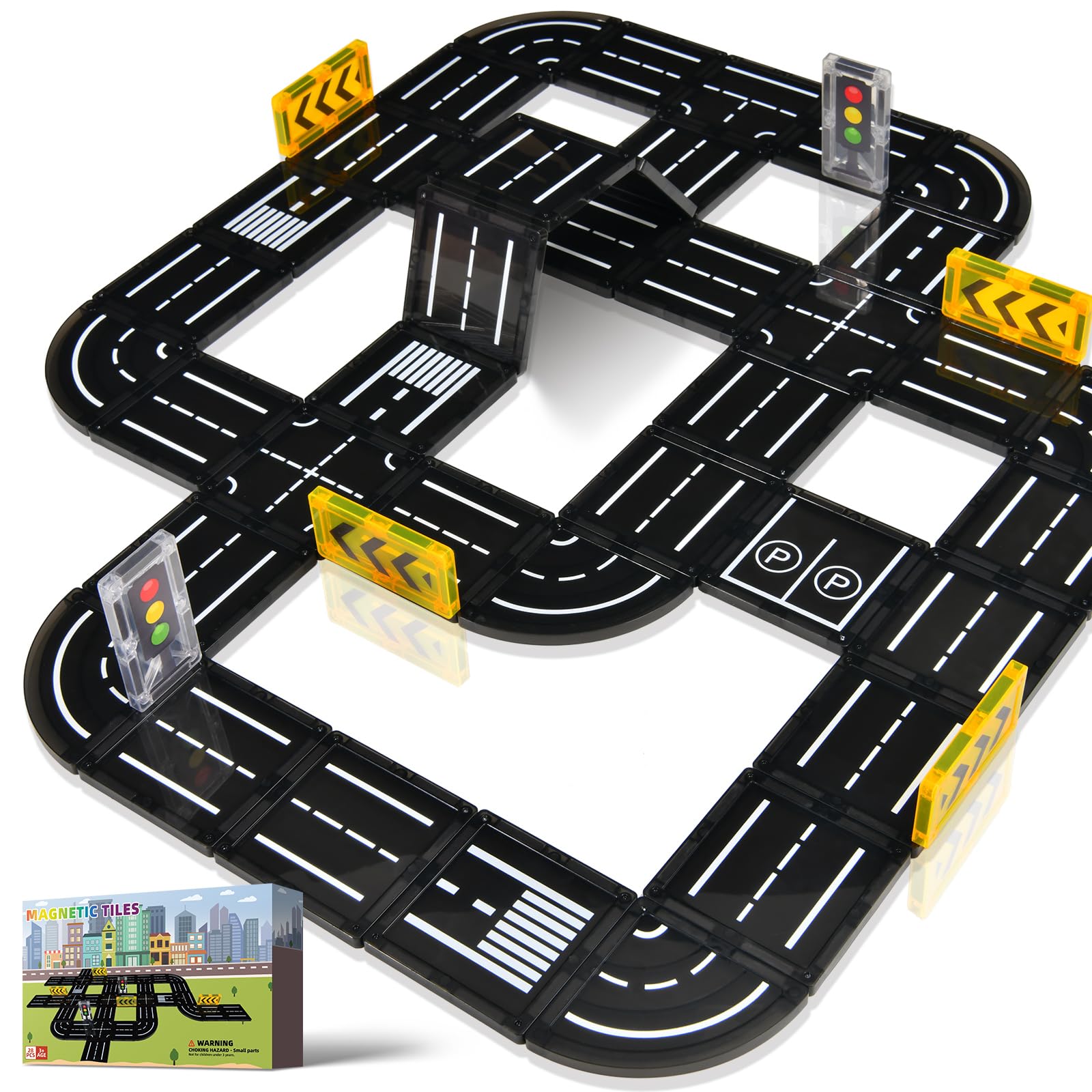 Magnetic Tiles Road Expansion Pack - 100+ Piece Magnetic Building Blocks Construction Set for Kids Ages 3+ | STEM Learning Toys for Boys & Girls | Montessori Educational Toys for Toddlers | Perfect for Classroom, Playroom & Birthday Gifts