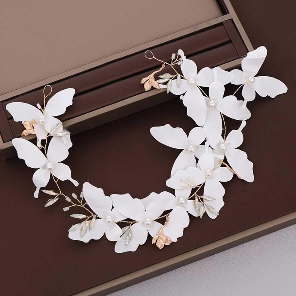 Elegant White Butterfly Headbands with Gold Pearls - Handmade Rhinestone Tiara for Weddings, Parties & Special Occasions | Women's Hair Jewelry & Headdress Accessories