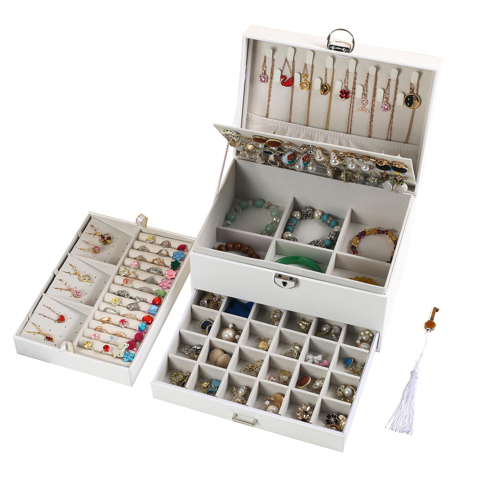 BOOVO 5-Layer Jewelry Organizer Box with Lock - Earring Holder, Necklace & Ring Storage for Women & Girls - Perfect for Travel, Home & Gift (White)