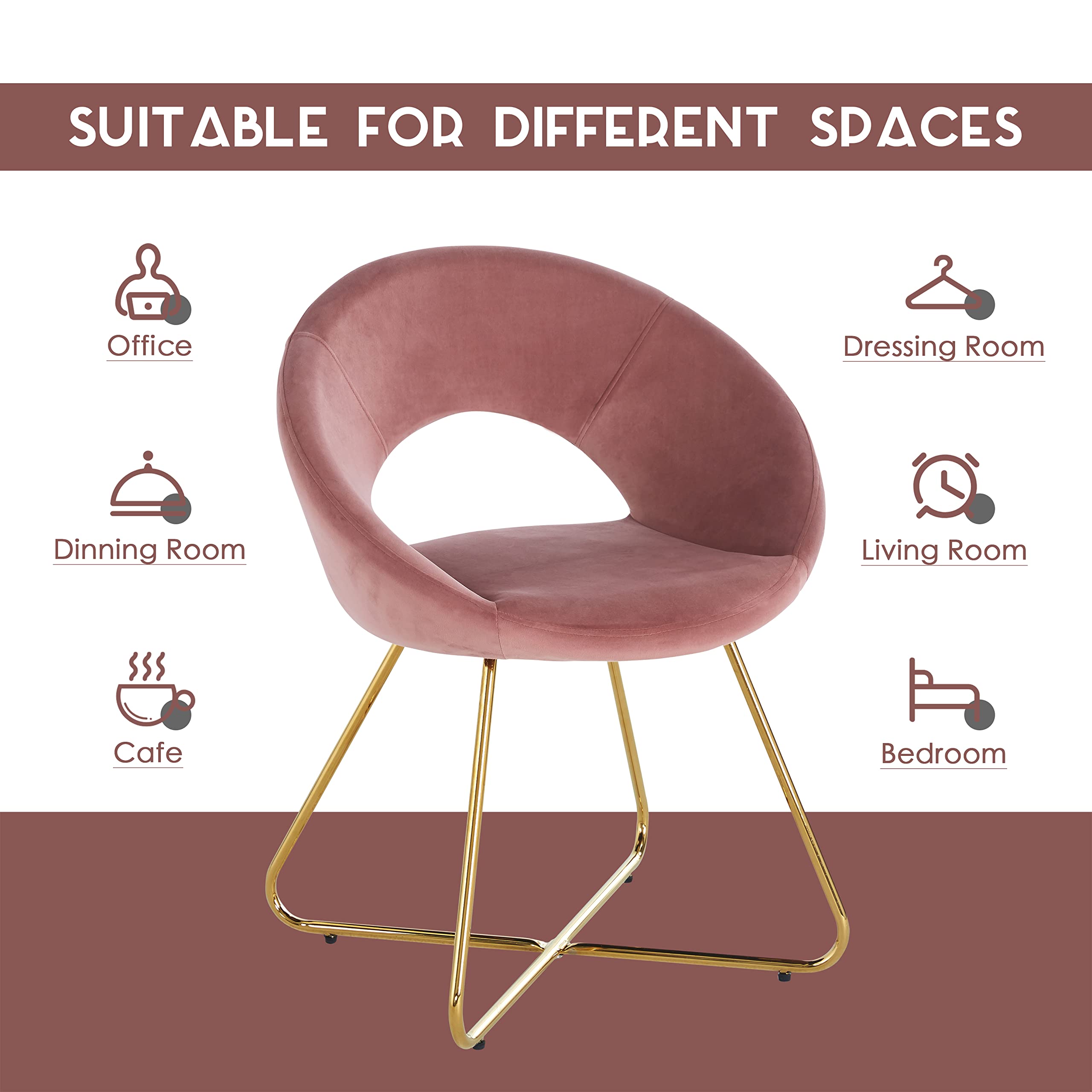 Luxury Velvet Accent Chairs Set of 2 - Modern Upholstered Comfortable Desk Chairs with Gold Base for Living Room, Bedroom & Dining Room | Perfect as Vanity Chair, Makeup Chair or Home Office Seating (Pink Velvet)
