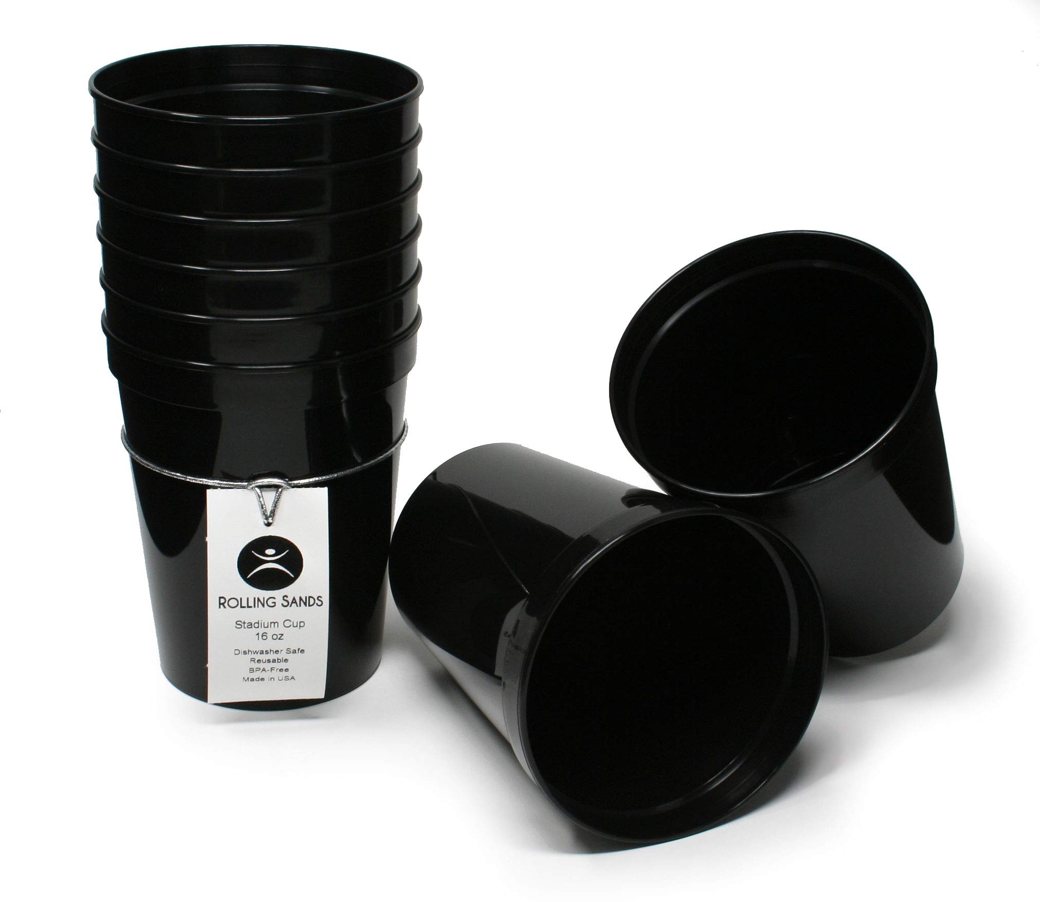 Rolling Sands 16 oz BPA-Free Reusable Plastic Stadium Cups - 8 Pack Dishwasher Safe Tumblers for Sports Events, BBQs & Outdoor Parties - Made in USA (Black)