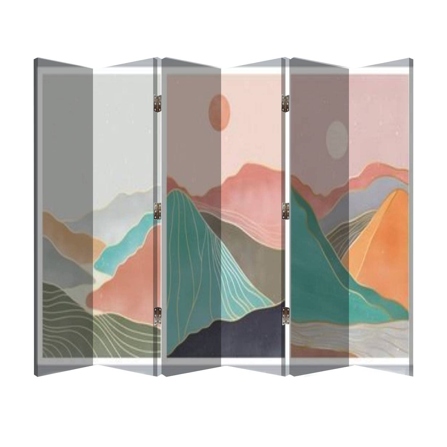 Natural Abstract Mountain Mid Century Modern Minimalist Art 6 Panel Wooden Folding Room Divider - Office Privacy Partition & Wall Decor for Living Room, Bedroom, and Studio Spaces
