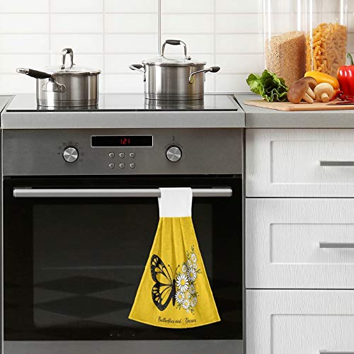 **Daisy Yellow Butterfly Kitchen Hanging Hand Towels - Floral Summer Absorbent Cotton Towels with Loop (2-Pack) - Soft & Decorative for Bathroom, Kitchen & Home Decor - Perfect for Gifts, Parties & Farmhouse Style**