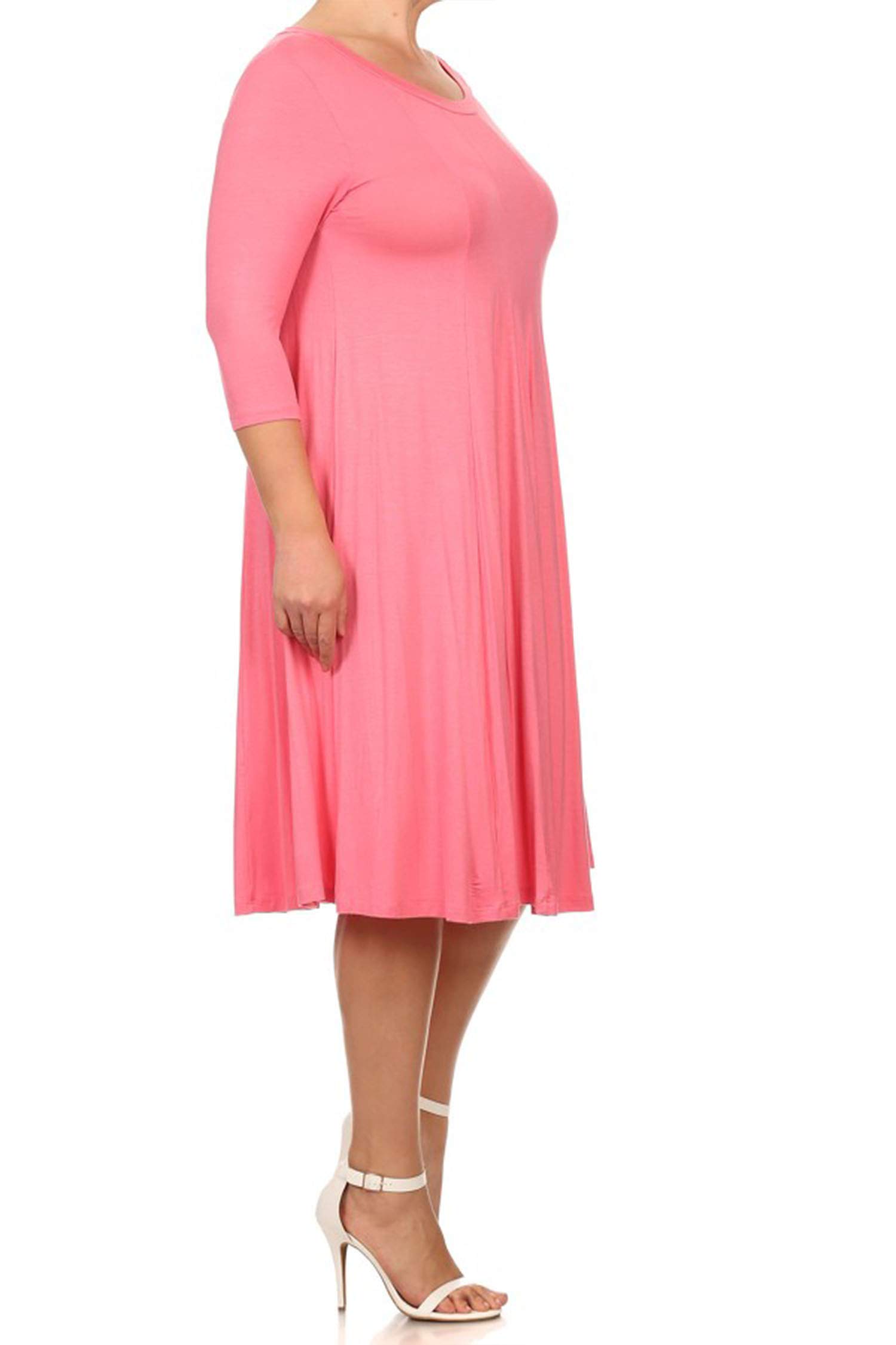 Plus Size Casual 3/4 Sleeve A-Line Midi Dress - Comfortable Solid Print Women's Dress (Pink, XL) | Made in USA | Perfect for Office Wear, Date Nights & Summer Outings