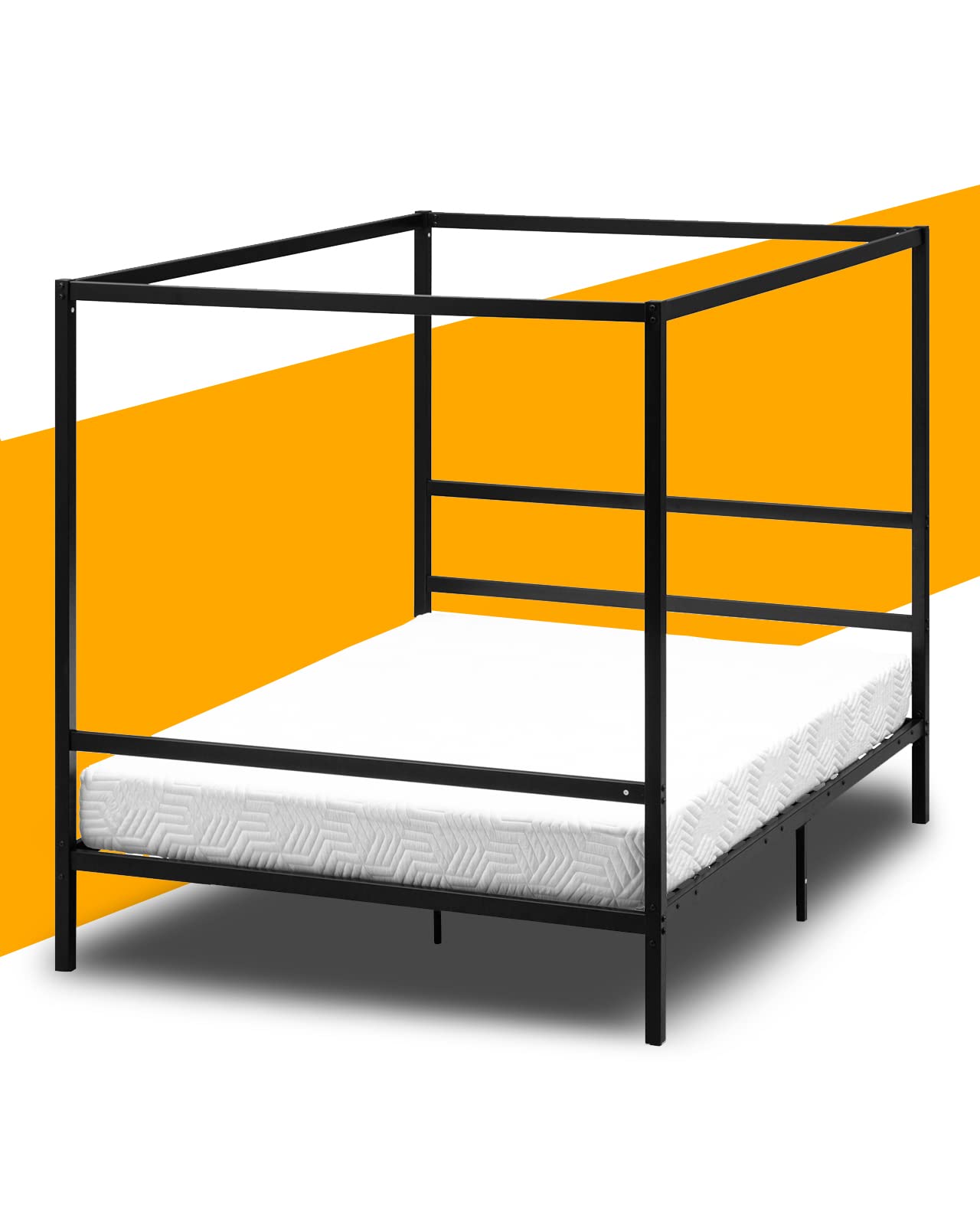 VINGLI Full Size Black Canopy Bed Frame with Headboard - Metal Platform Bed Frame, Four Poster Bed for Bedroom, Guest Room, or Dormitory Decor