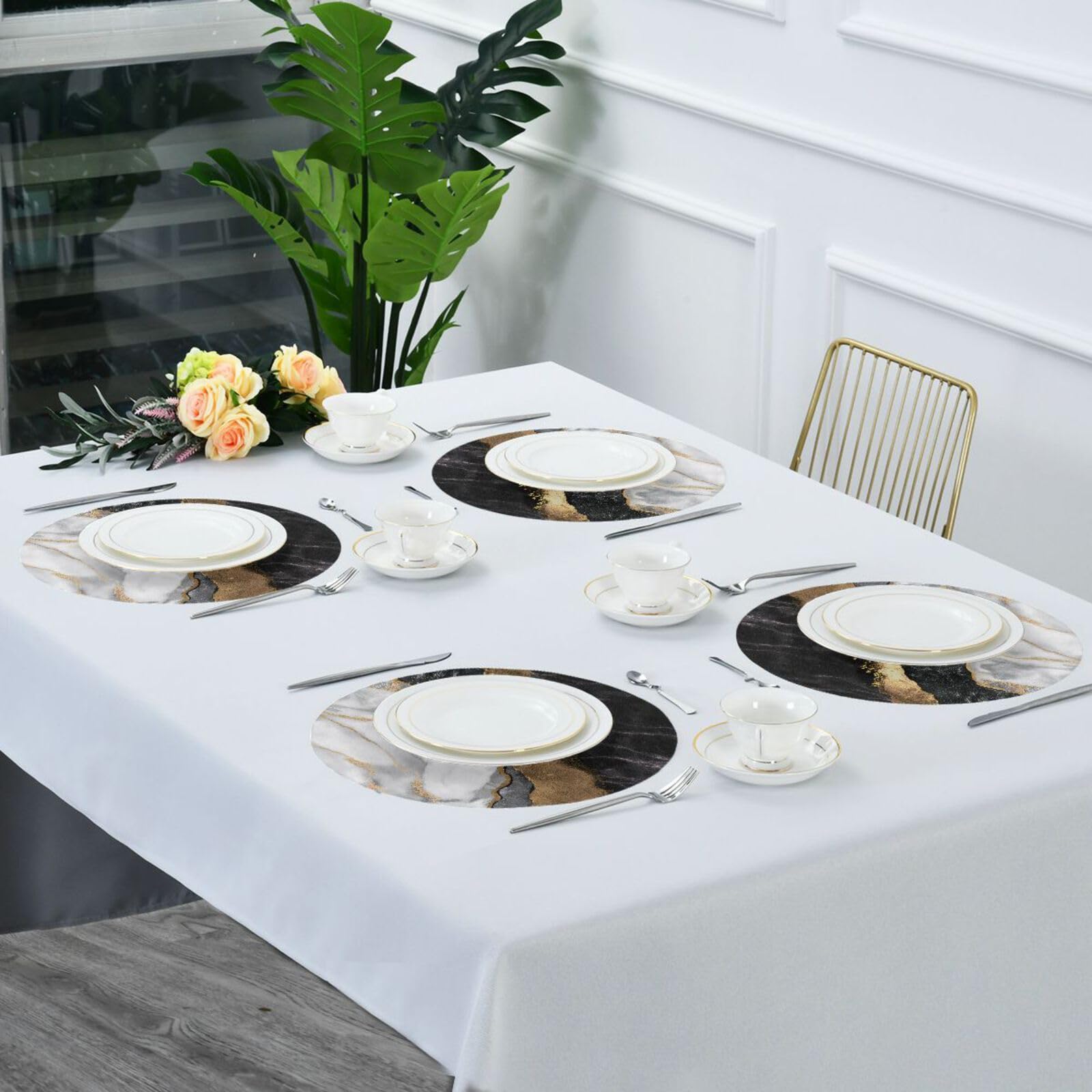 ATTX Round Placemats Set of 6 - Marble Dining Table Mats, Non-Slip Kitchen Table Placemats for Everyday Use, Dinner Parties & Home Decor