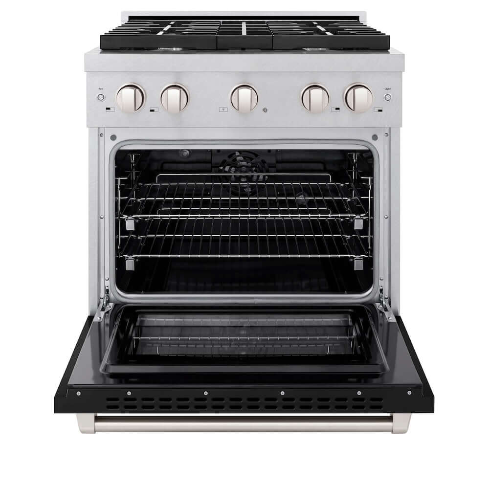 ZLINE 30-inch 4.2 cu.ft Dual Fuel Range - 4 Burner Gas Cooktop & Electric Convection Oven - Satin Stainless Steel with Black Matte Door (SDRS BLM 30) - Perfect for Modern Kitchens & Professional Cooking