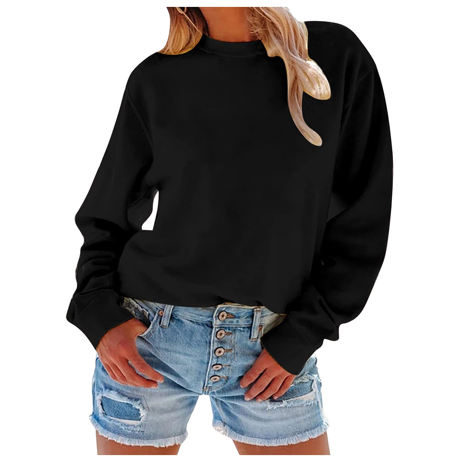 Distressed Women's Casual Long Sleeve Crewneck Sweatshirt - Solid Color Pullover Top for Everyday Wear | Perfect for Streetwear, Loungewear & Fall Fashion