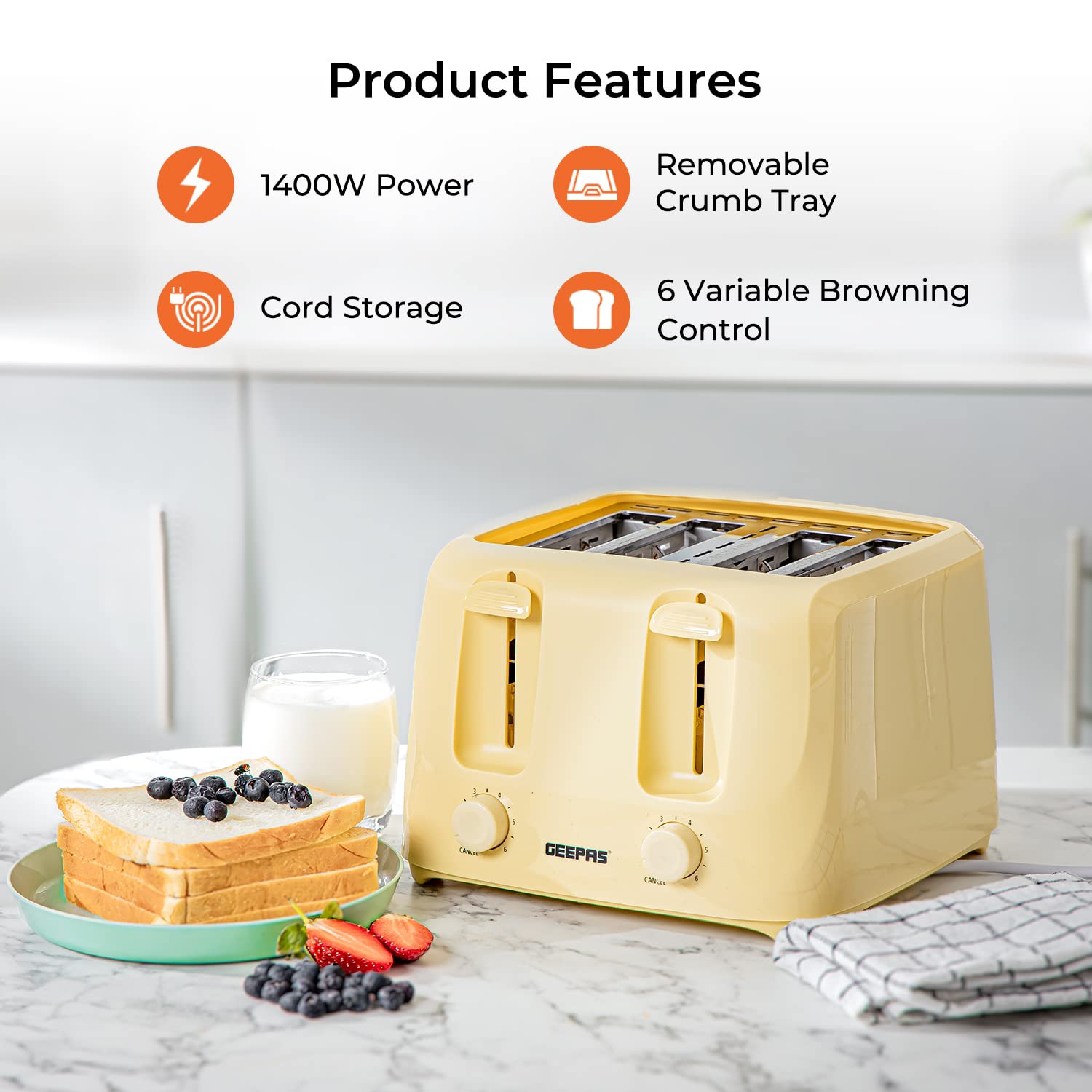 GEEPAS CO38029BT36549-BG 2200W Cordless Electric Kettle & 4-Slice Toaster Set - Fast Boiling & Even Toasting for Coffee, Tea & Breakfast - Perfect for Home, Office & Dorm Use